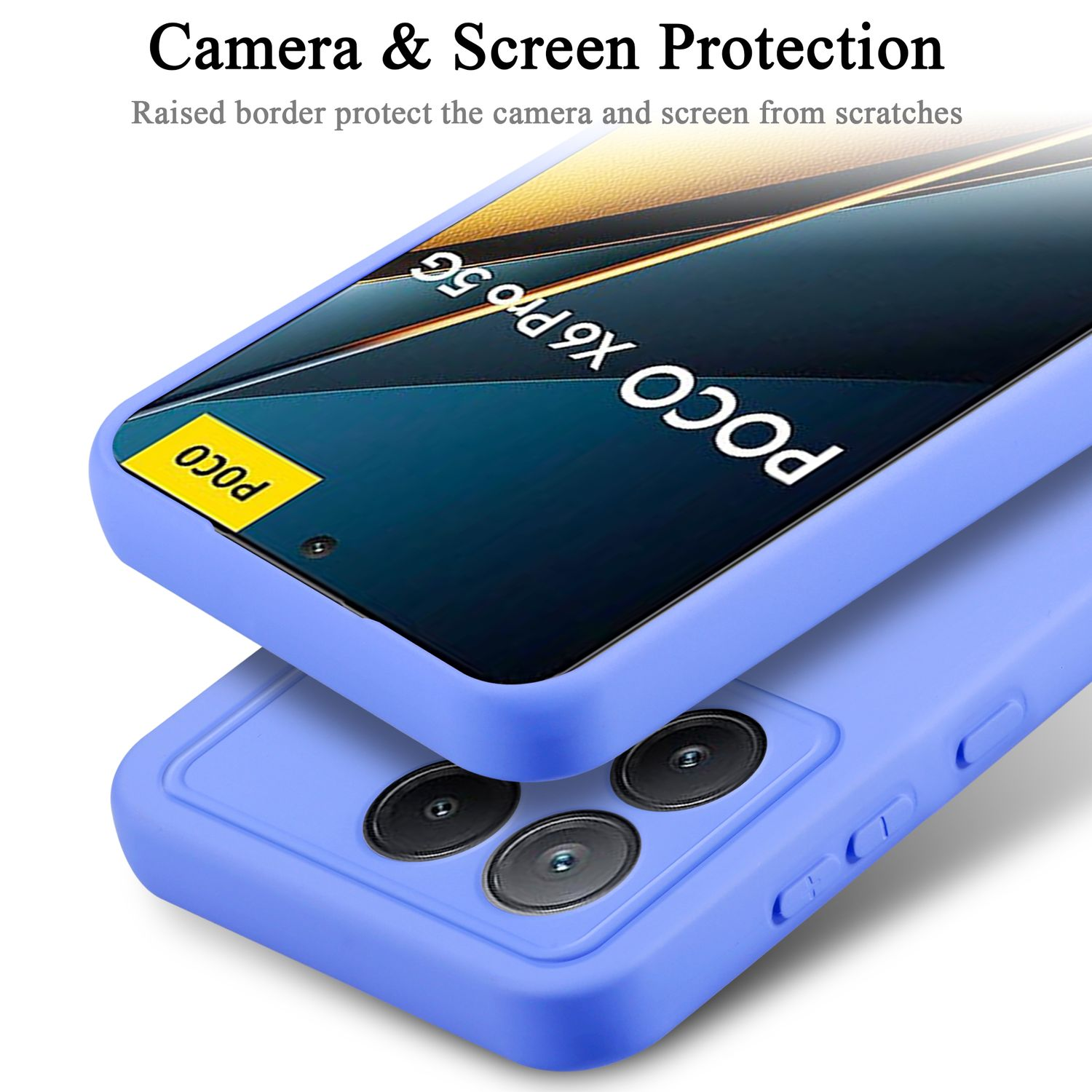 Custodia per telefono, lilla, su sfondo bianco, protegge schermo e fotocamera.