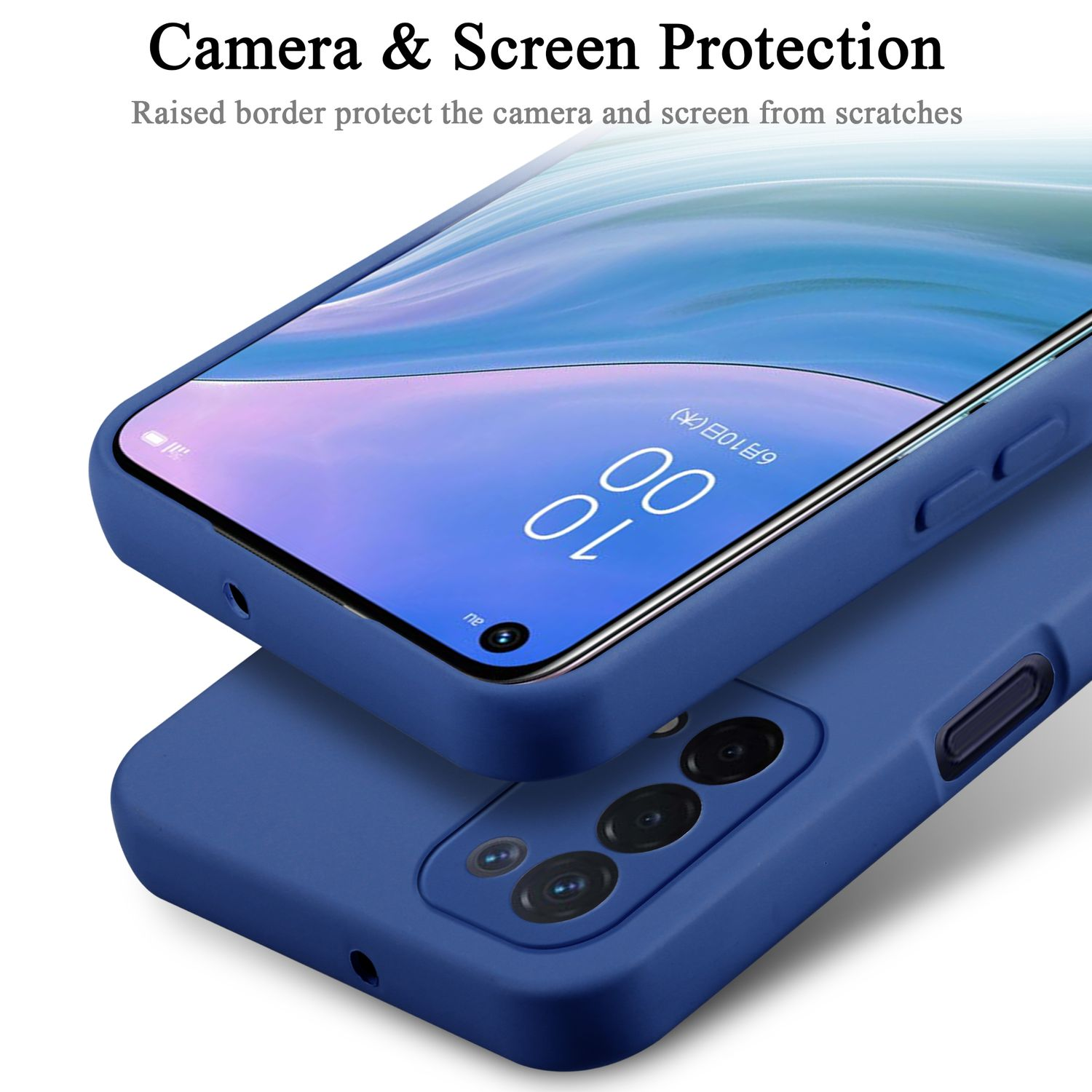 Due custodie per telefono, una blu. Entrambe proteggono fotocamere e schermi. Testo: 'Protezione fotocamera e schermo'.