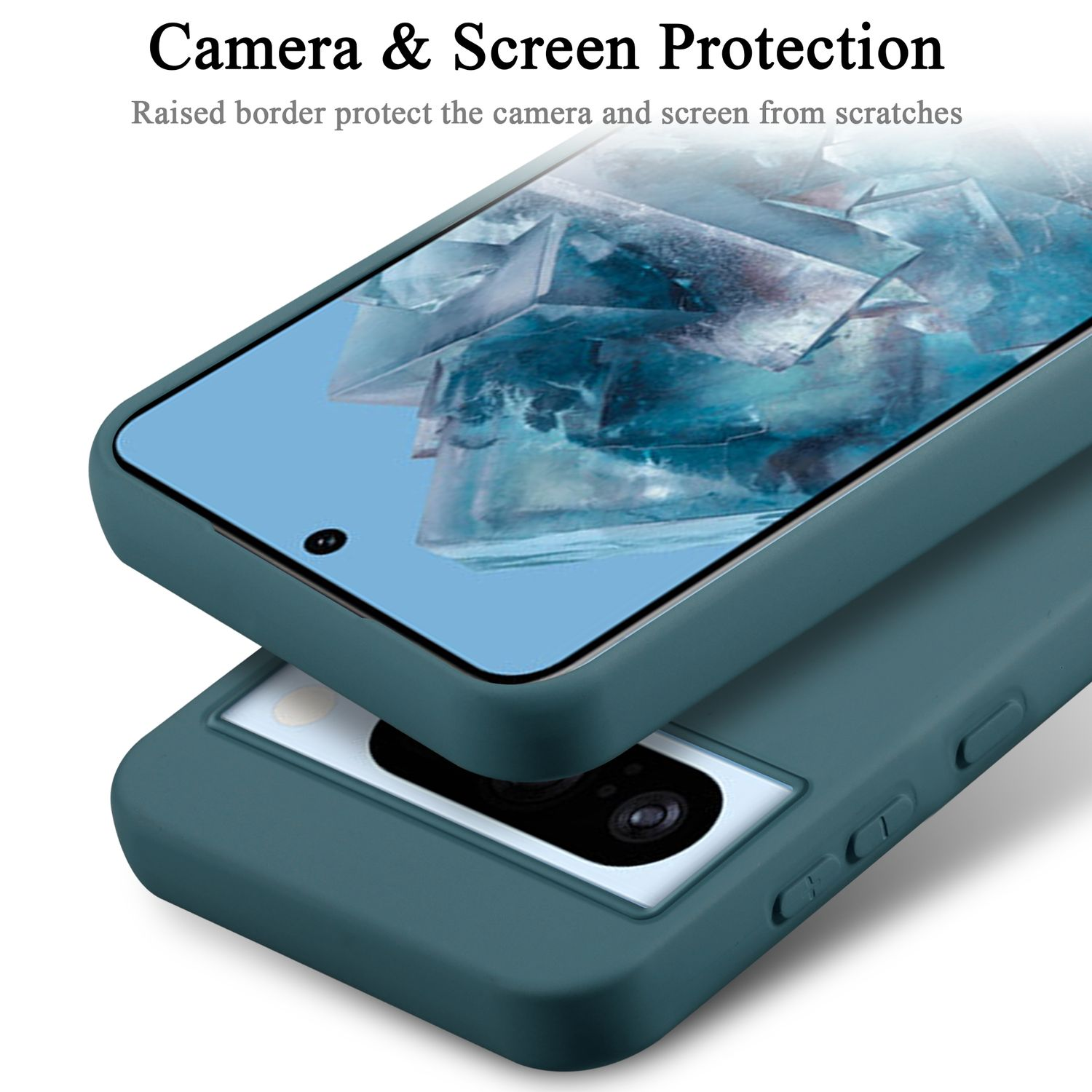Custodia del telefono verde acqua che protegge un telefono, protezione schermo applicata.