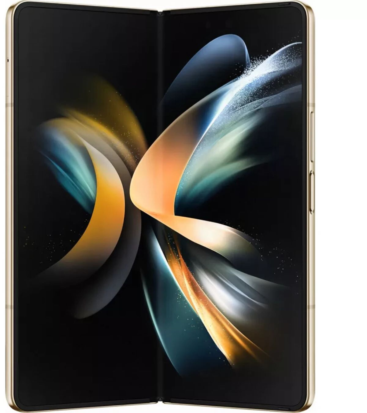 Faltbares Telefon halb geöffnet, goldener Rahmen, schwarzer Bildschirm, mehrfarbiges Design. Weißer Hintergrund.