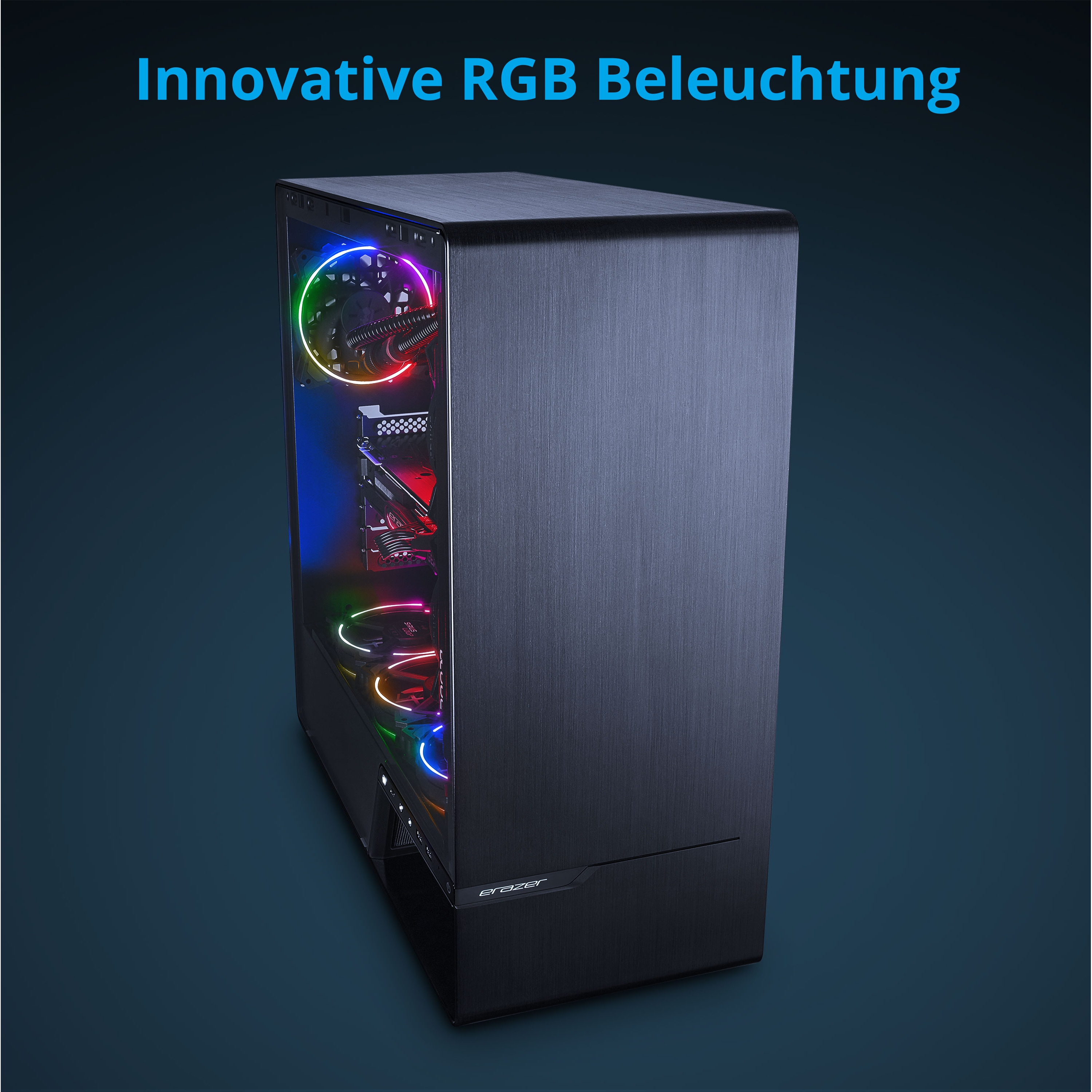 Case nero per computer con luci RGB. Il case è su uno sfondo blu scuro.