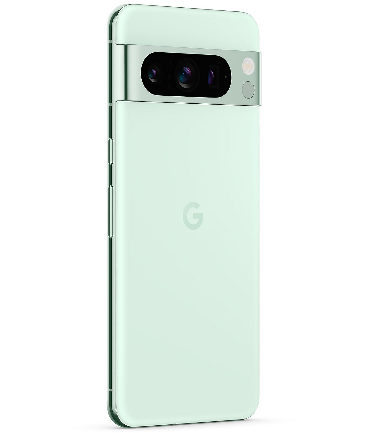 Miętowy telefon z paskiem na aparat i dużym logo 'G' z tyłu.