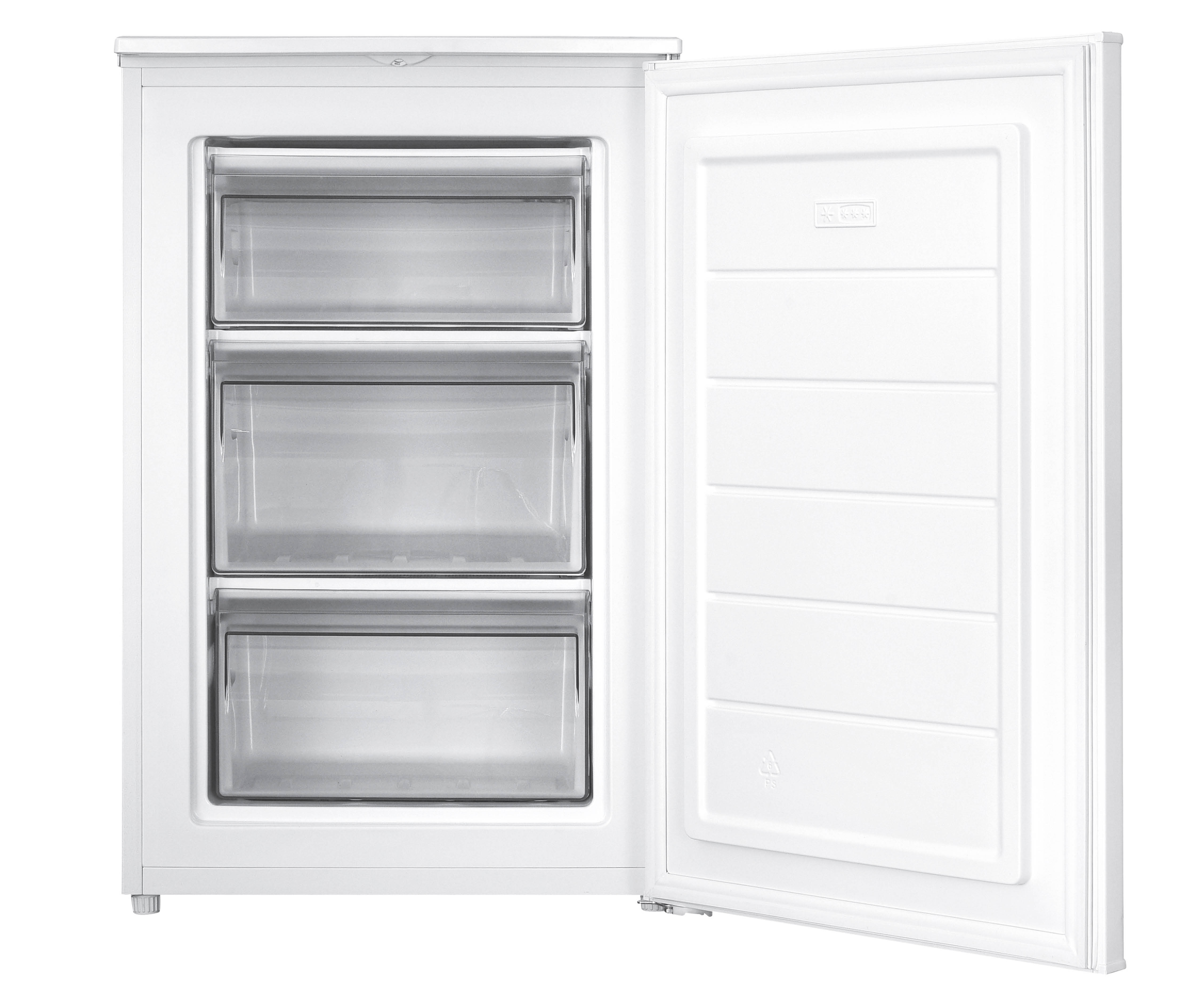 White freezer with open door revealing three drawers.