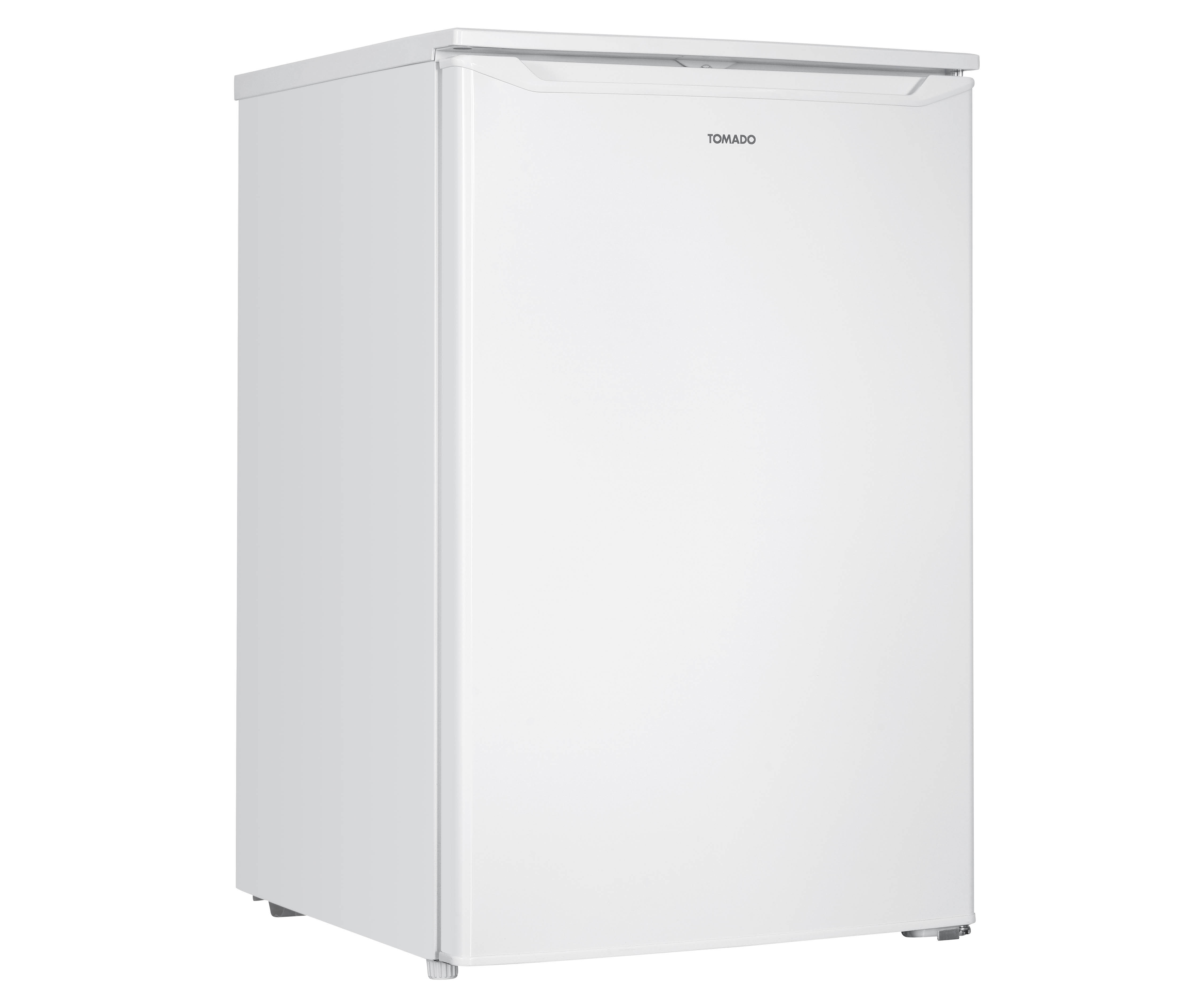 White refrigerator isolated on white background. TOMADO brand visible on top.
