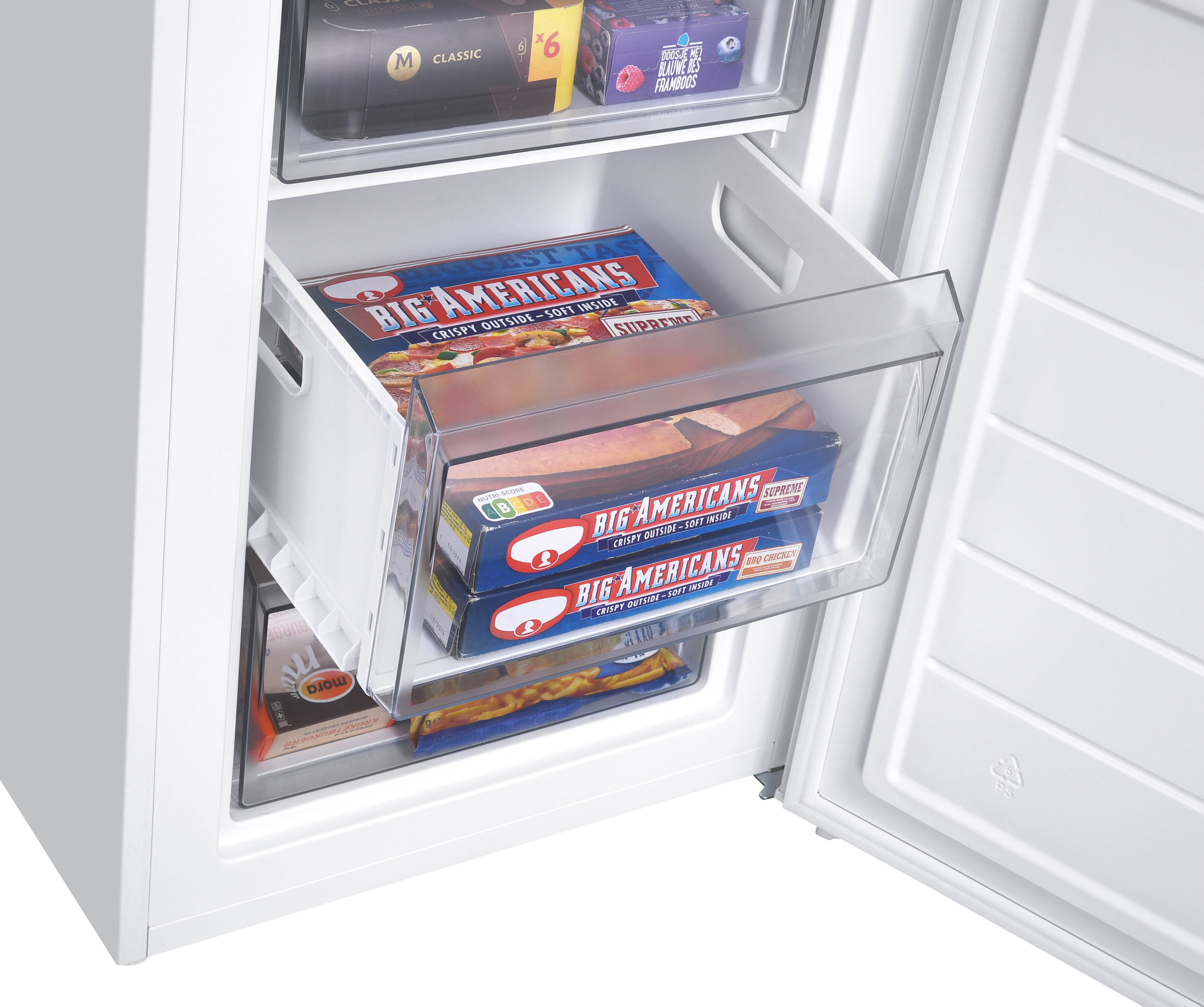 Freezer drawers open, containing frozen pizzas in boxes. Other frozen food visible.
