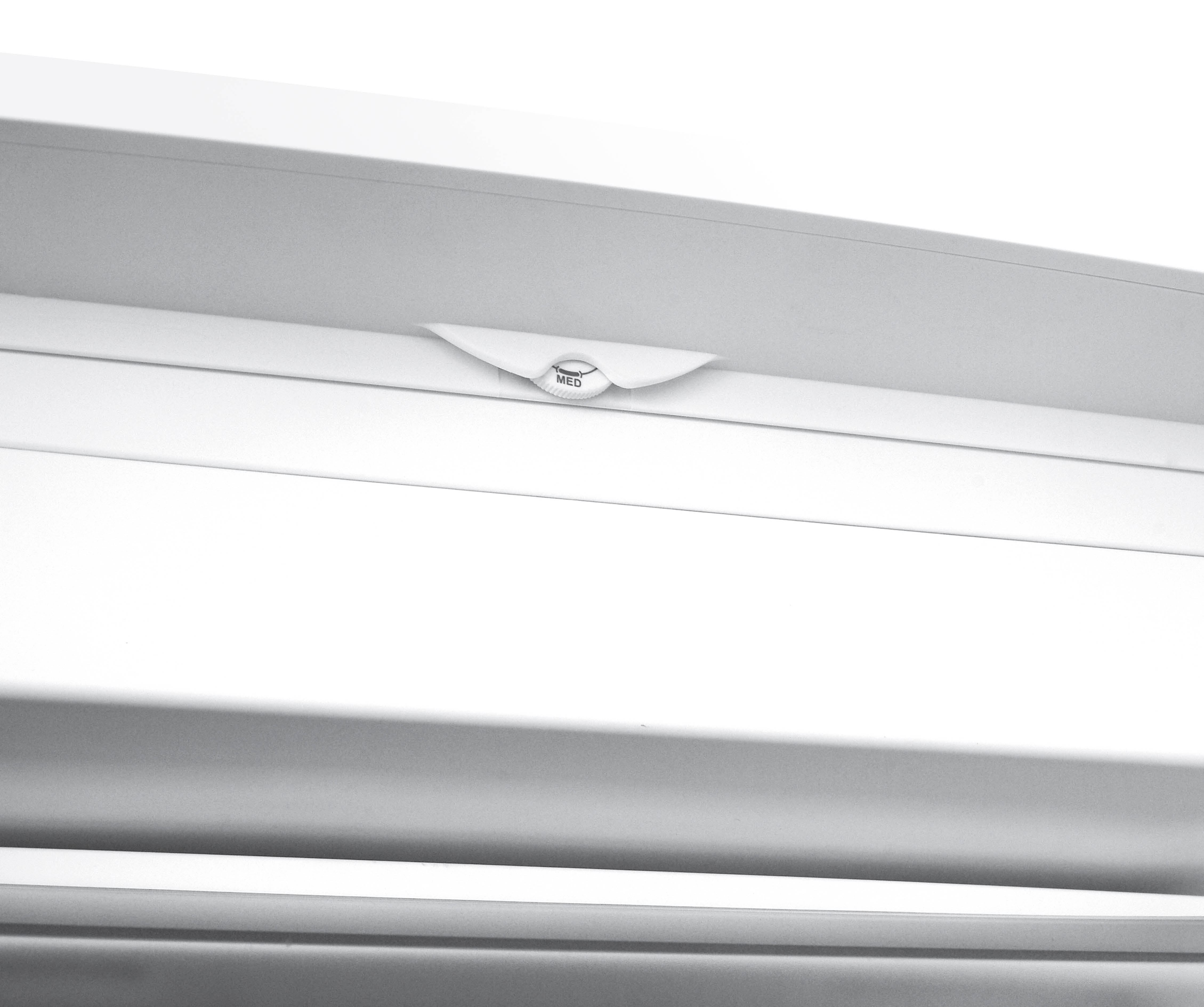 A white window component, a small switch is positioned in the middle of the structure.