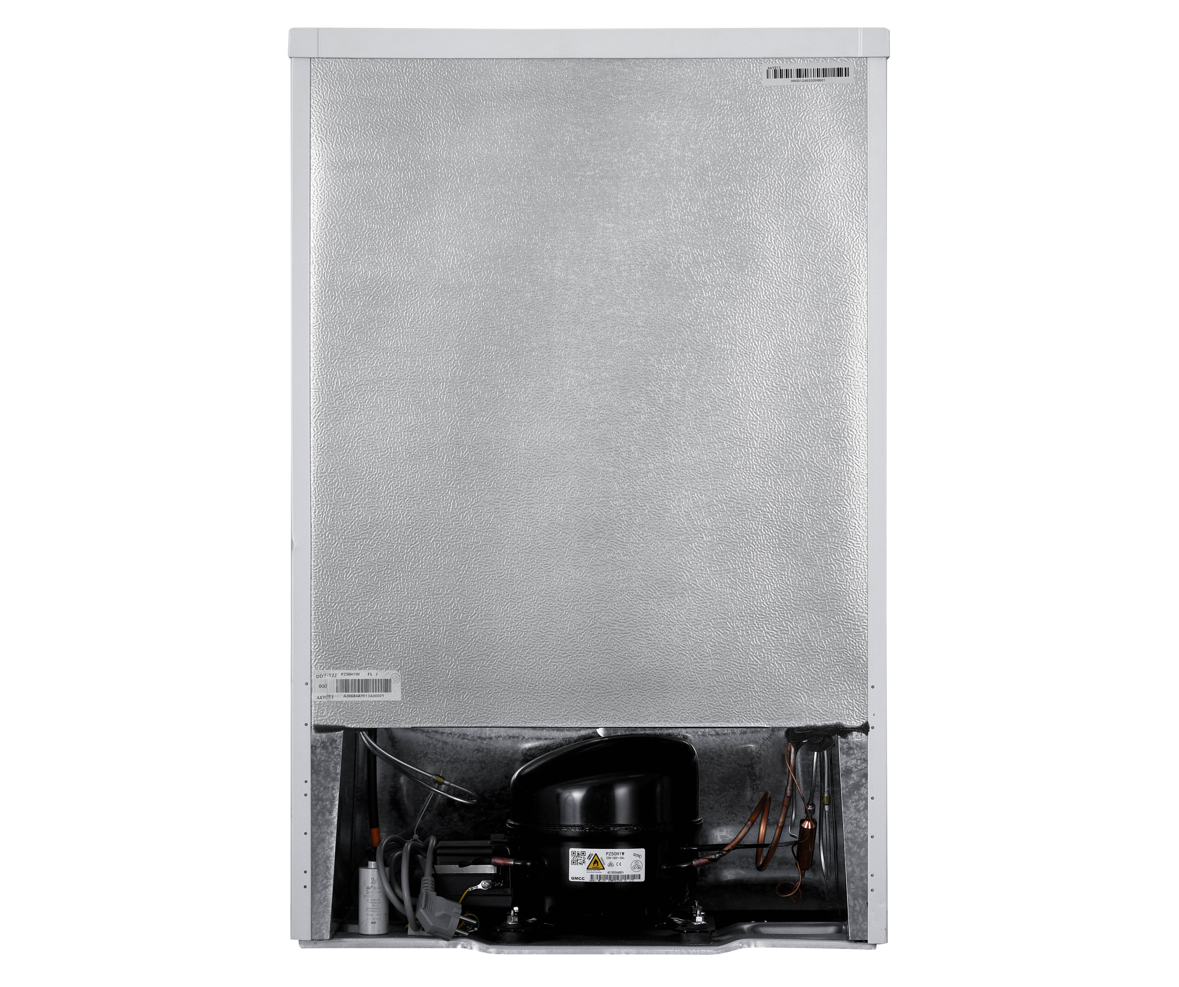 Rear view of a white refrigerator. Metal back panel, black compressor at bottom.