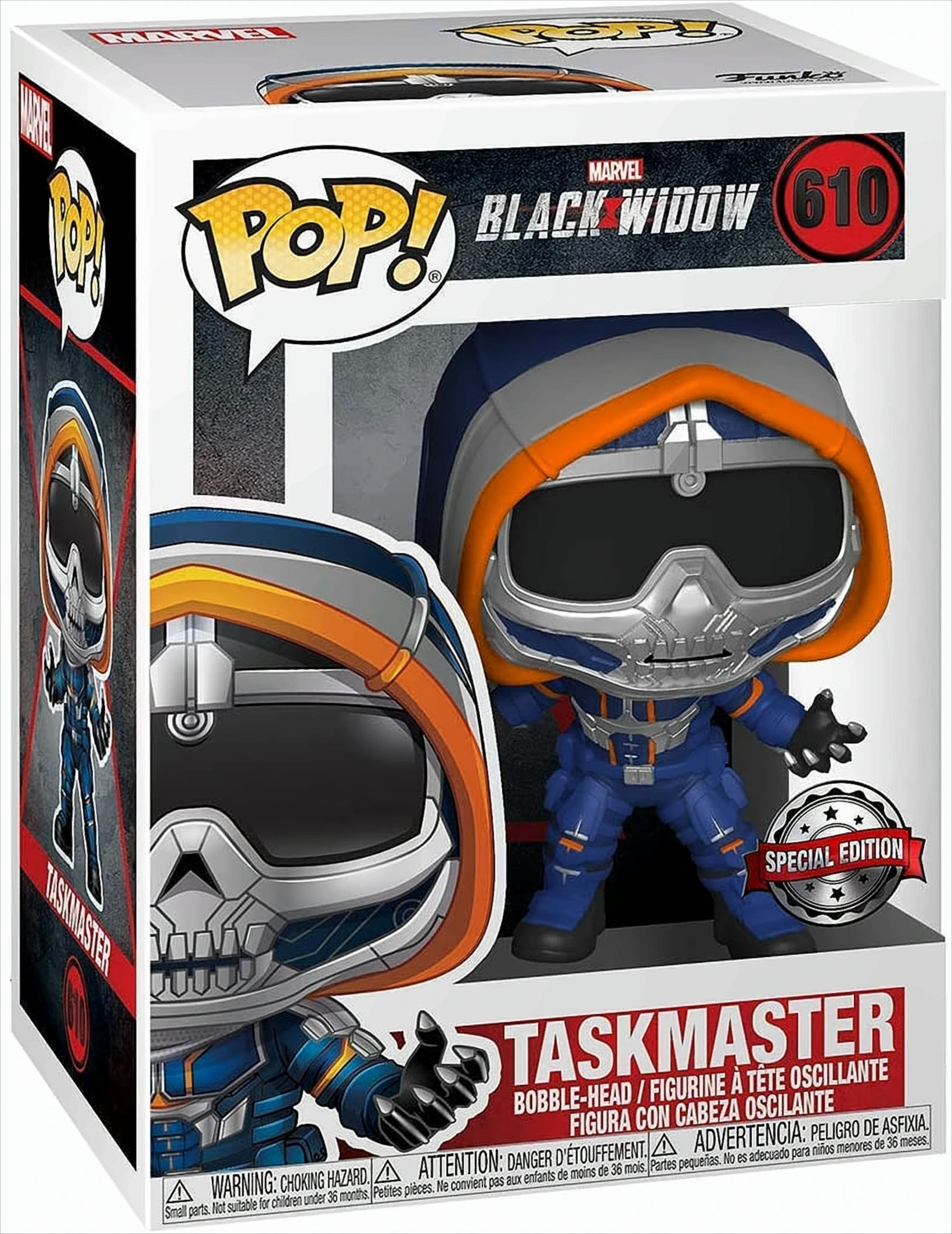 Eine Taskmaster Funko Pop Figur in der Box, mit der Figur in Blau und Orange.