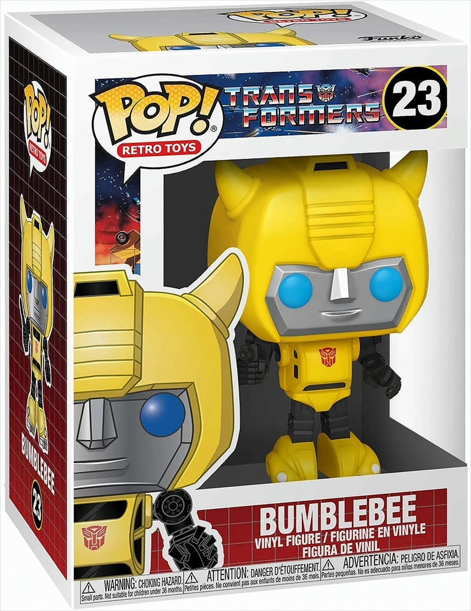 Figura de Bumblebee Transformer en una caja. Robot amarillo con ojos azules y texto.
