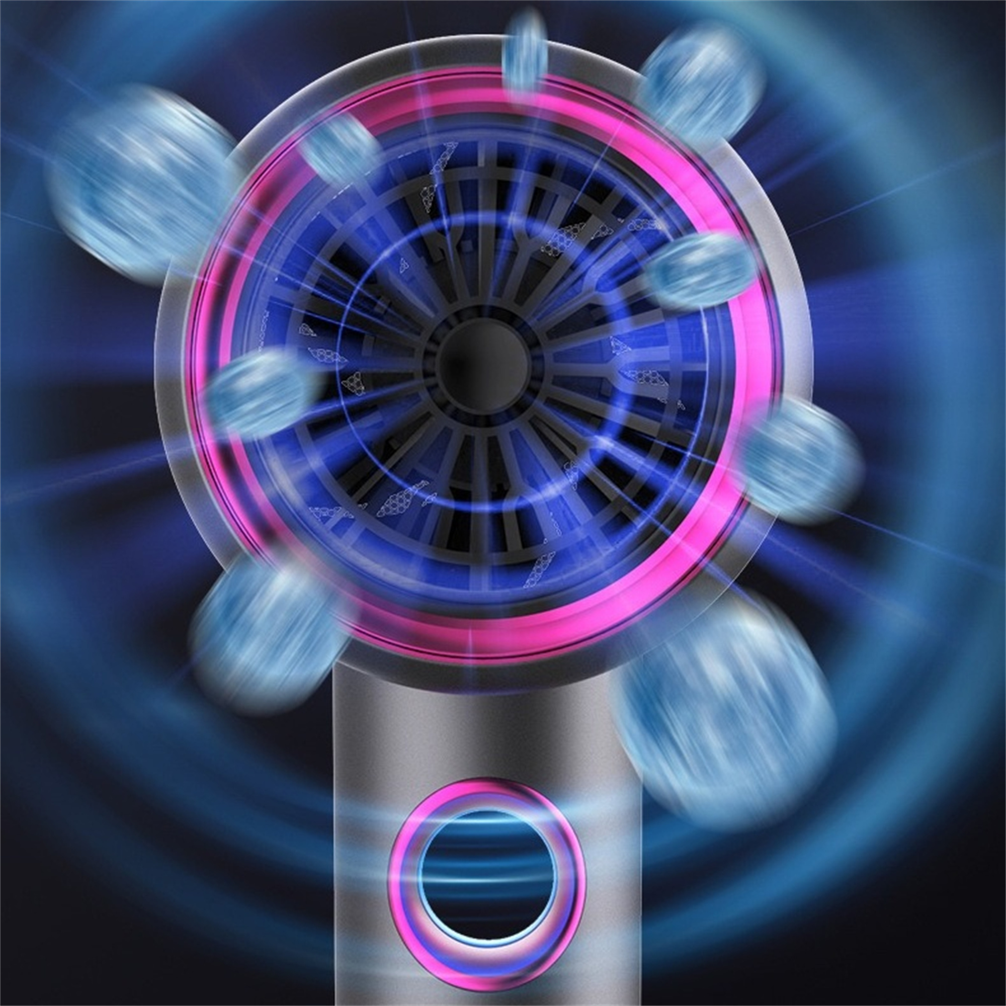 Ein Haartrockner mit silbernem Gehäuse und einem rosa-blauen Ventilator. Der Ventilator ist von blauem und pinkem Licht umgeben.