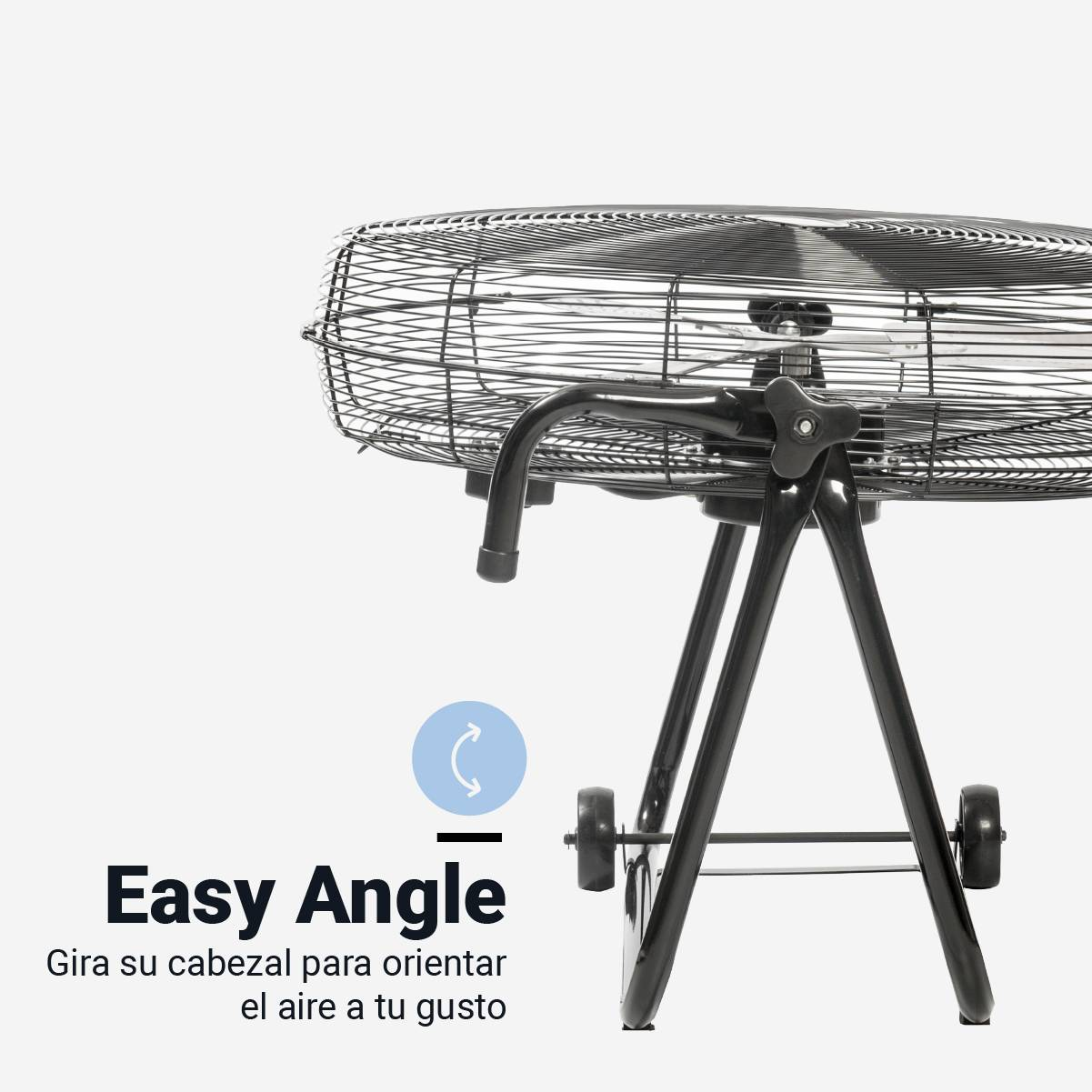 Un ventilador negro sobre un soporte con jaula, el texto 'Easy Angle' y un icono de flecha.