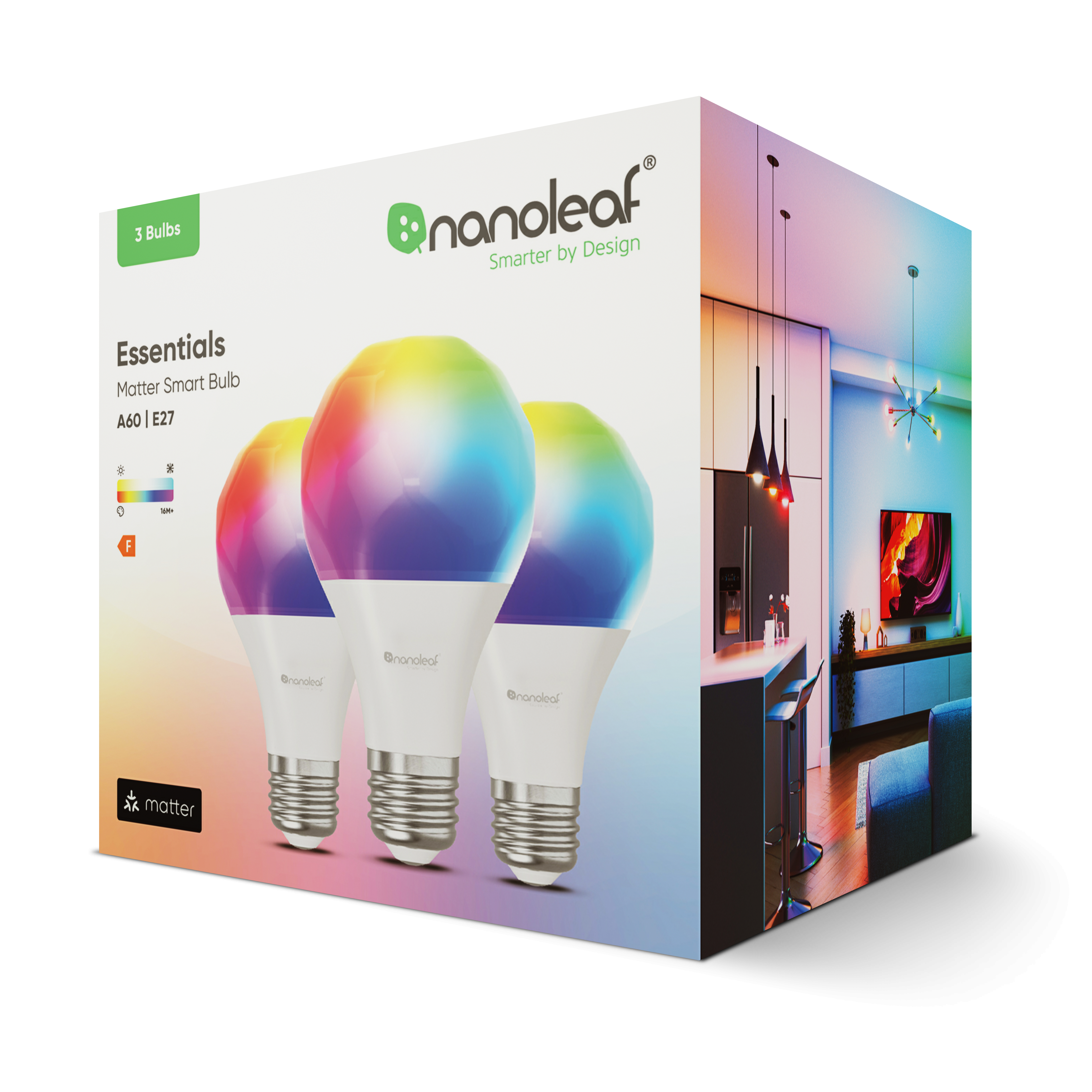 Scatola con tre lampadine intelligenti Nanoleaf, che mostrano un display luminoso colorato.