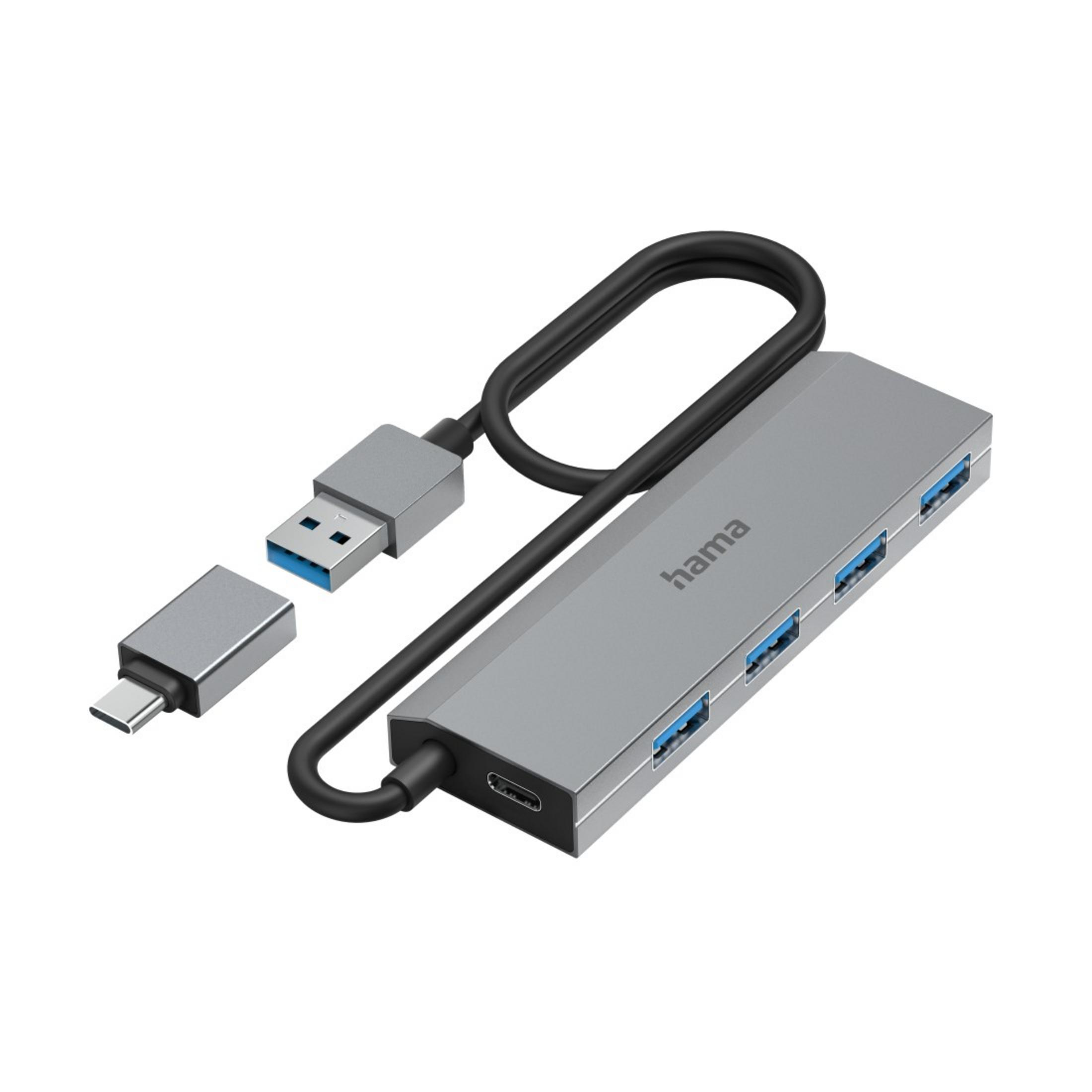 Hub USB argentato con più porte e cavi collegati, isolato su sfondo bianco.