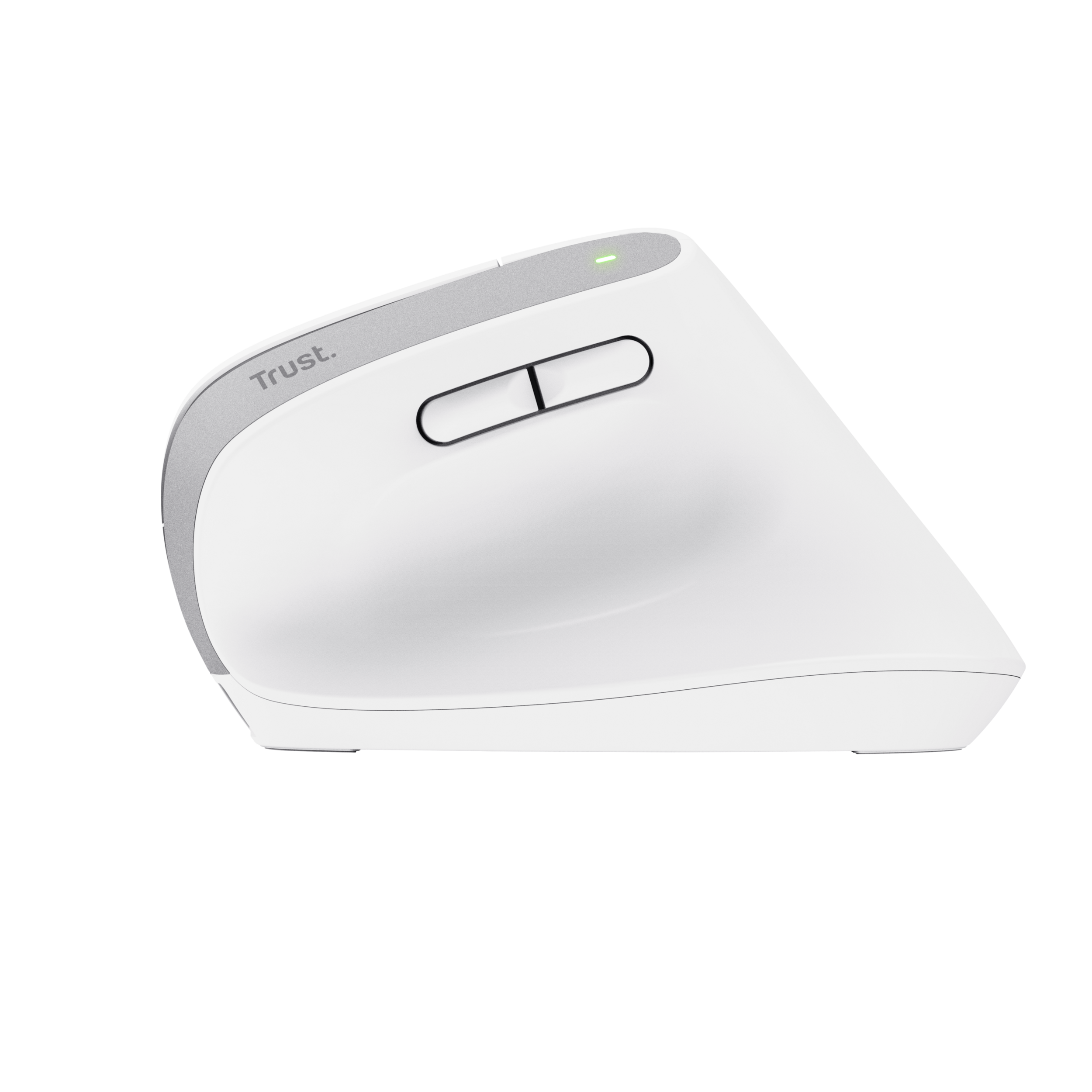 Biała ergonomiczna mysz z dwoma przyciskami i kółkiem przewijania. Marka jest widoczna z boku.