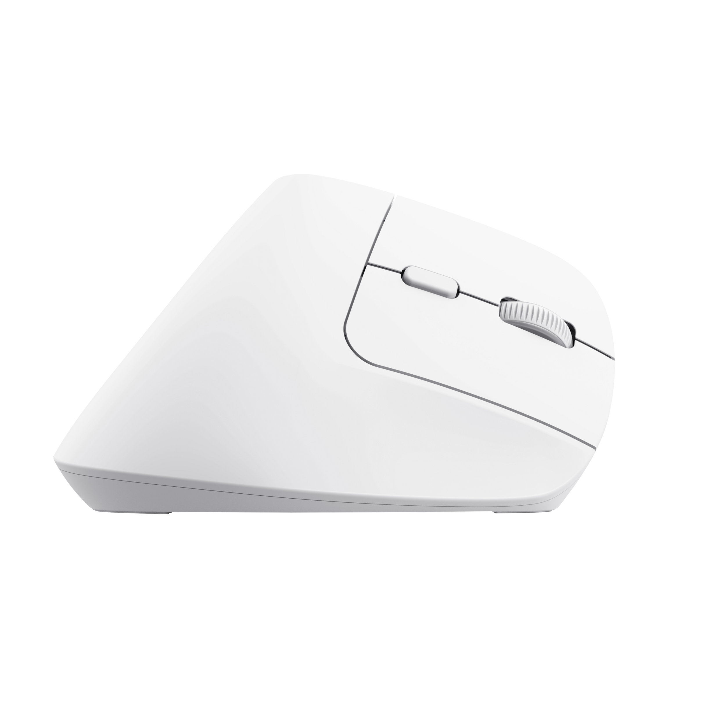 Biała mysz ergonomiczna z kółkiem przewijania i dwoma przyciskami. Tło jest czarne.