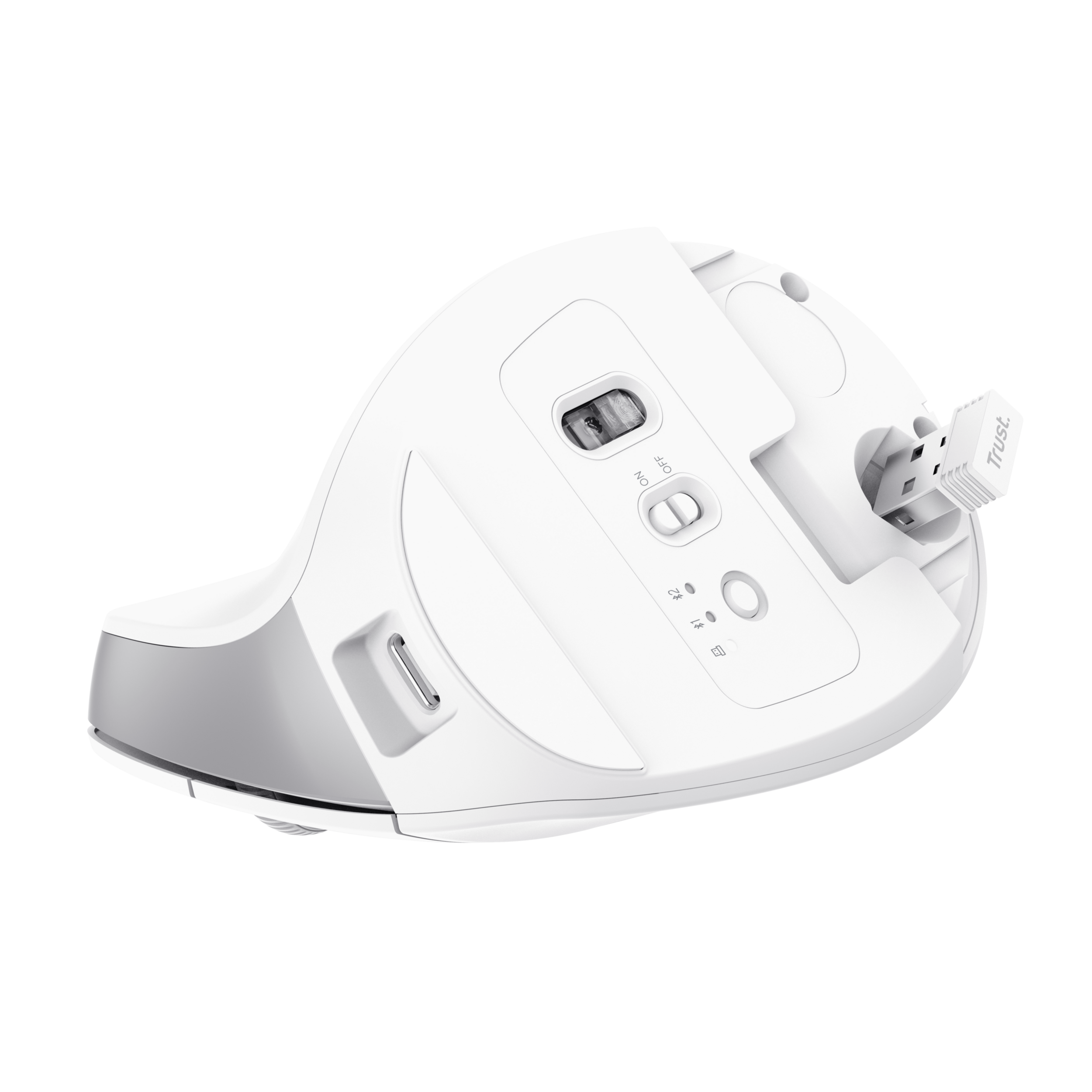 Biało-szara ergonomiczna mysz, widok od spodu, z włożonym odbiornikiem USB.