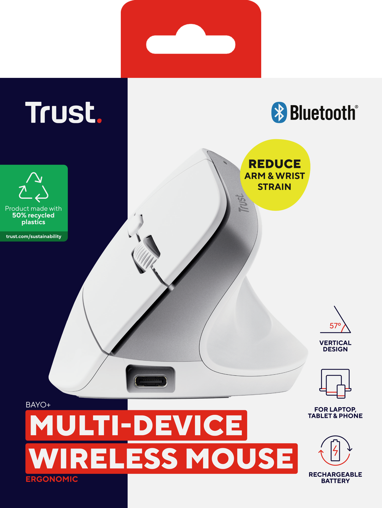 Biało-szara pionowa mysz ergonomiczna z czerwono-białym pudełkiem. Symbol Bluetooth.