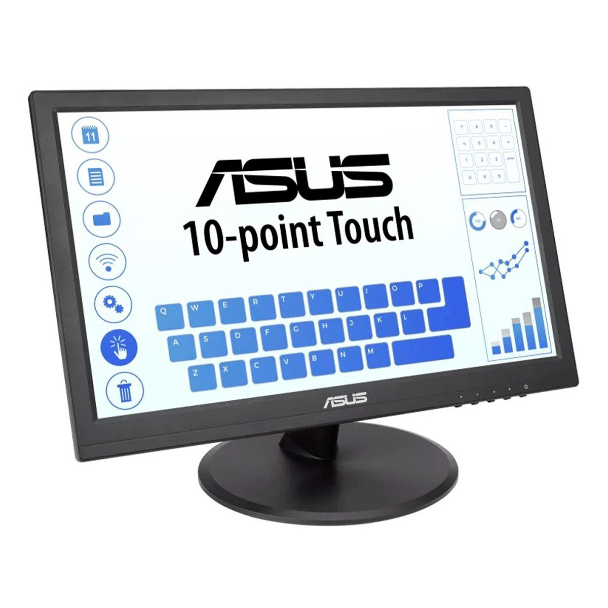 Un monitor ASUS con una interfaz de pantalla táctil. Muestra un teclado y otros iconos de interfaz.
