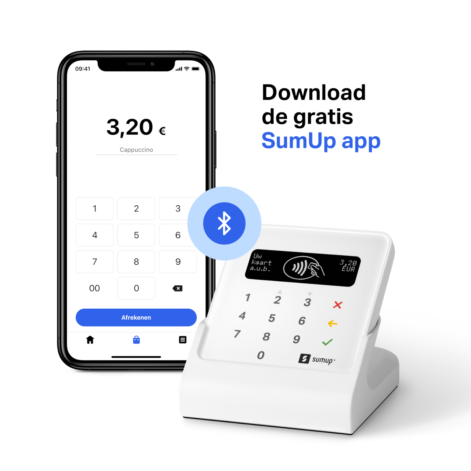 Smartphone y lector de tarjetas con un símbolo Bluetooth azul y dinero en la pantalla. Fondo blanco.