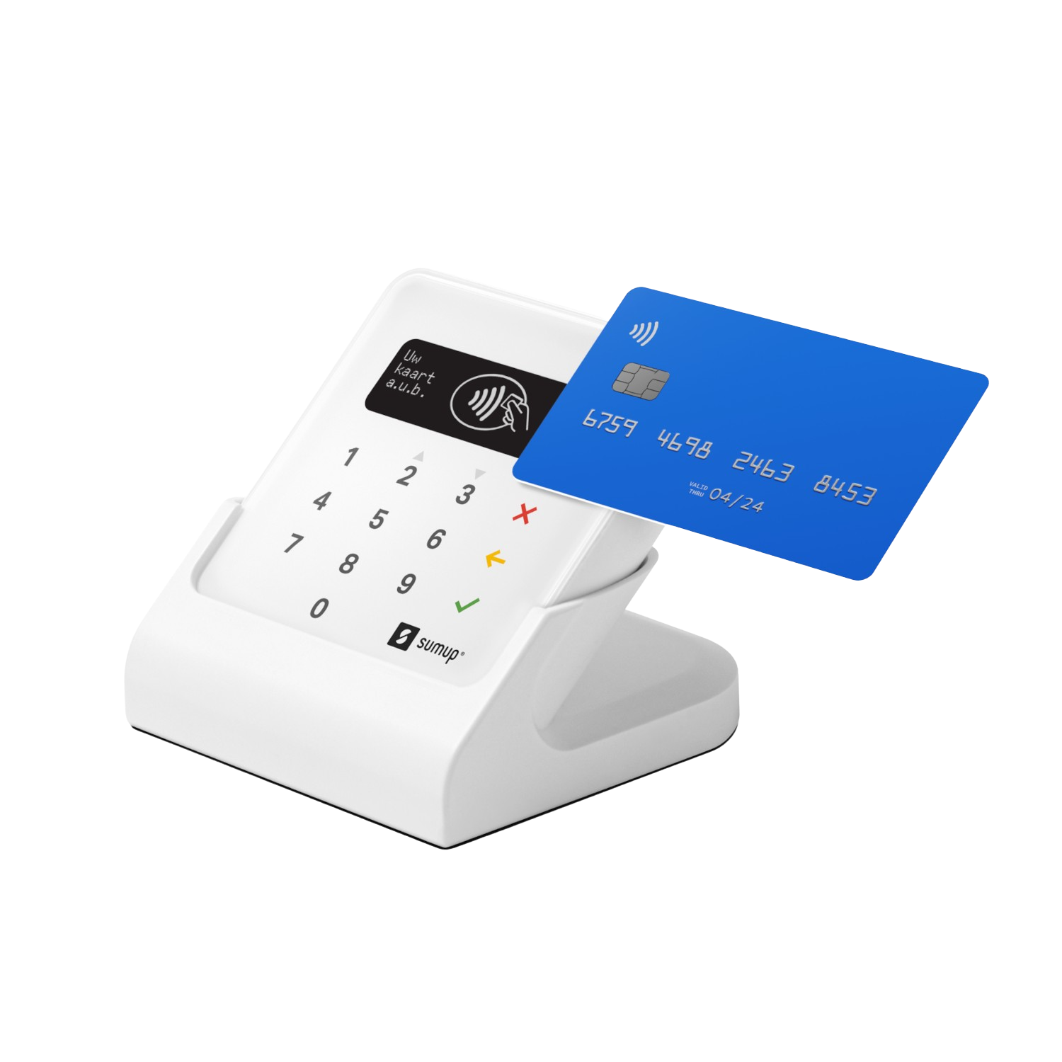 Terminal de pago blanco con una tarjeta de crédito azul siendo tocada en él.