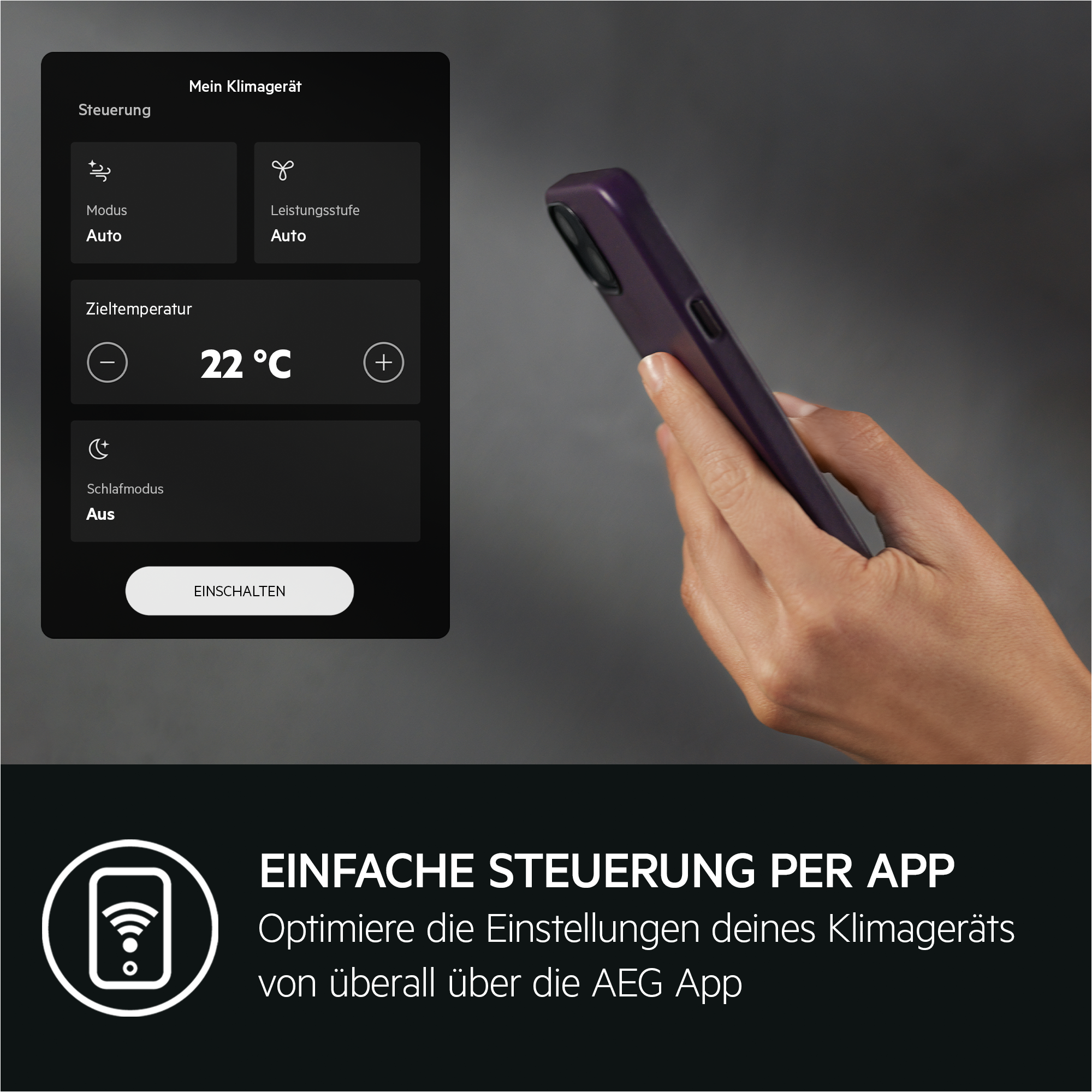 Eine Hand, die ein Telefon mit einer App-Oberfläche hält. Der Text oben ist auf Deutsch über die Klimaanlage.