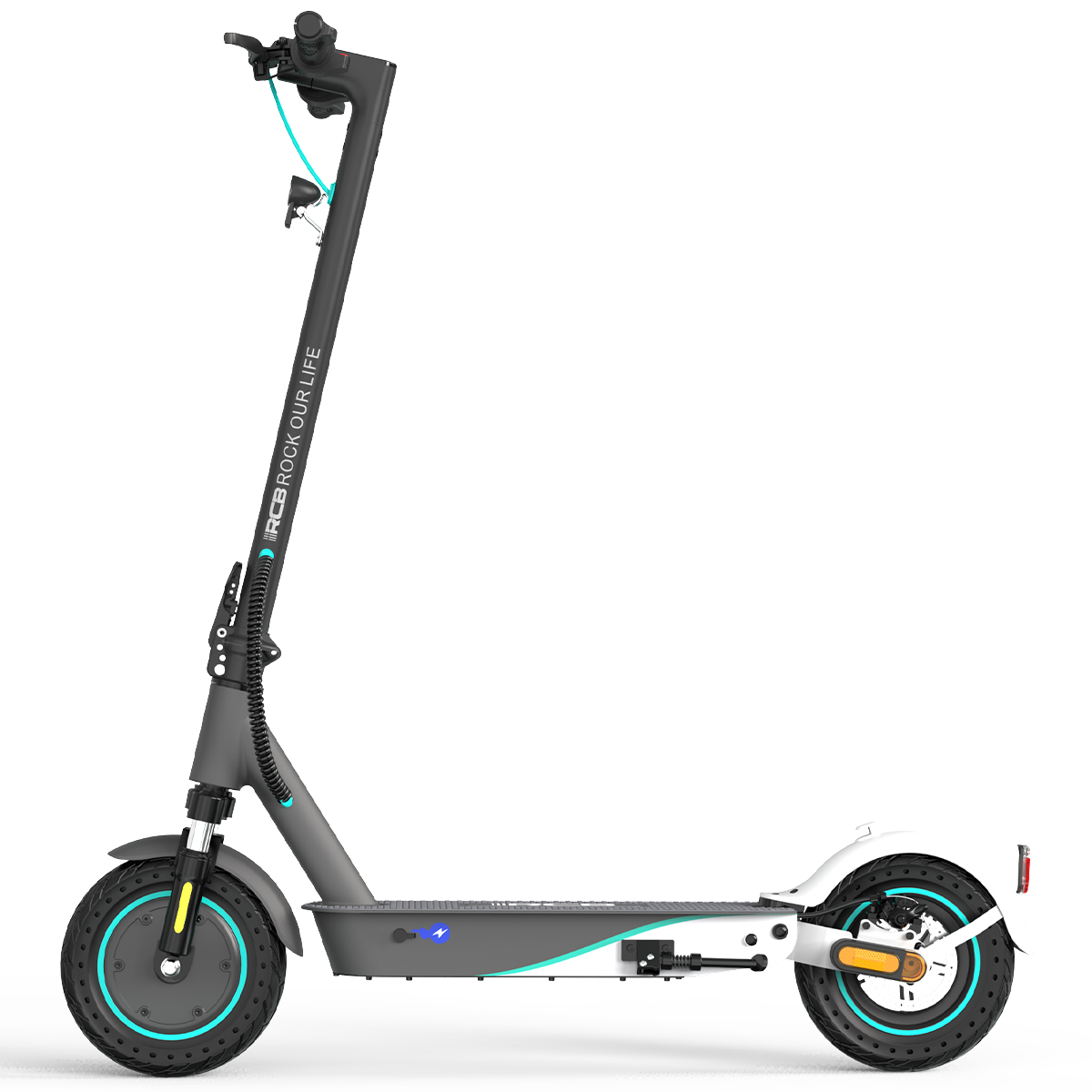 Ein grau-weißer Elektroroller mit blauen Akzentlichtern, auf weißem Hintergrund.