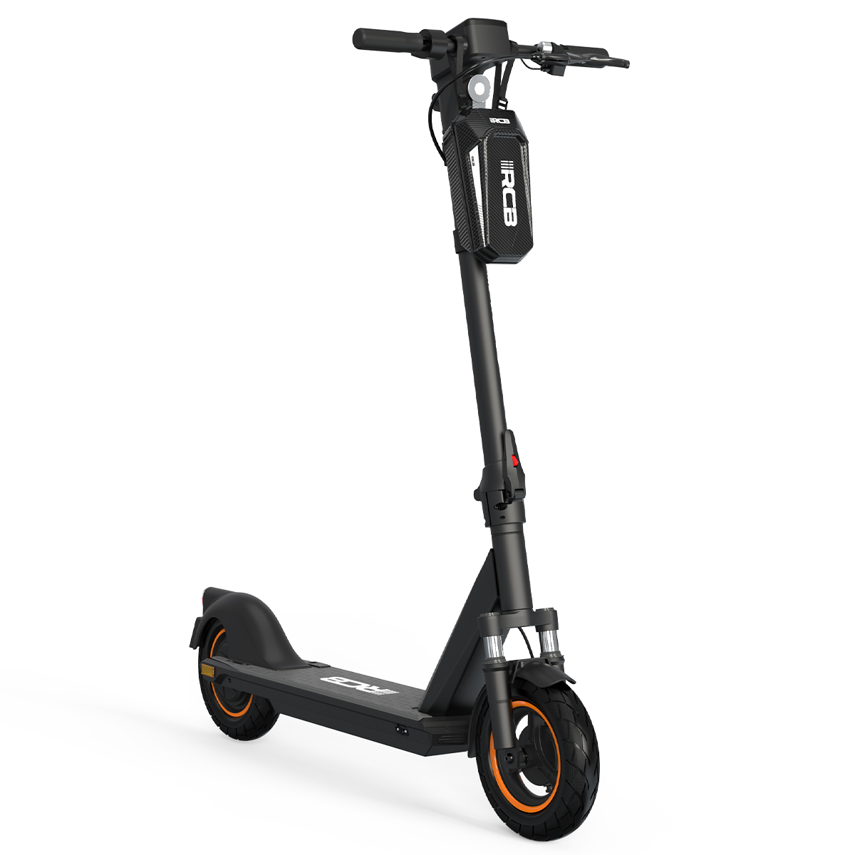 Schwarzer Elektroroller mit orangen Rädern, steht auf weißem Untergrund.
