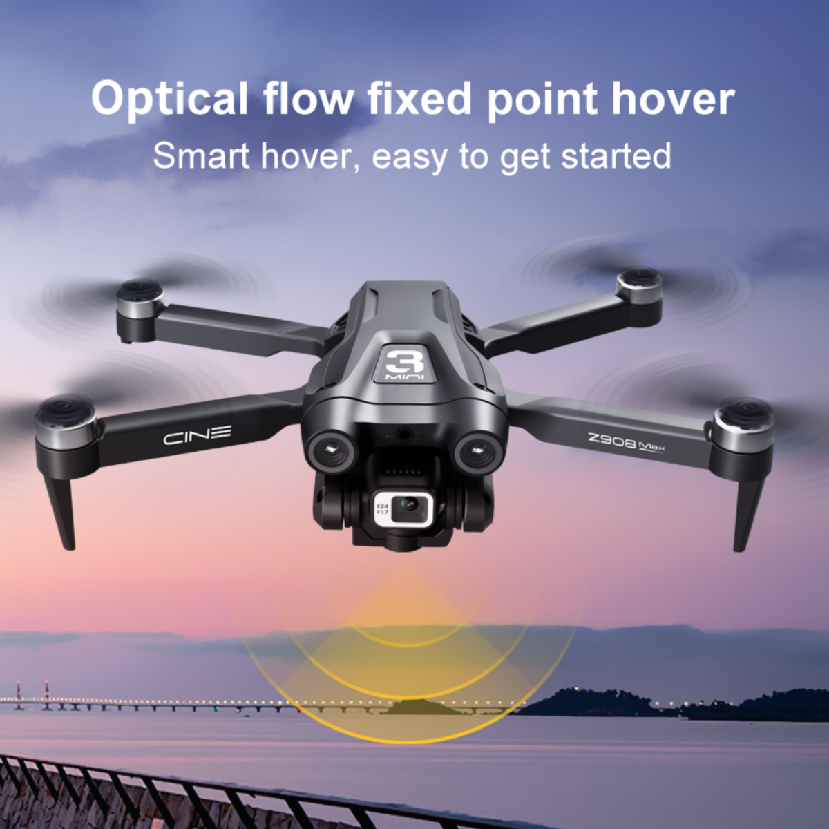 Un dron en el aire contra un atardecer. El texto dice: Flujo óptico, punto fijo flotante. Fácil de empezar.