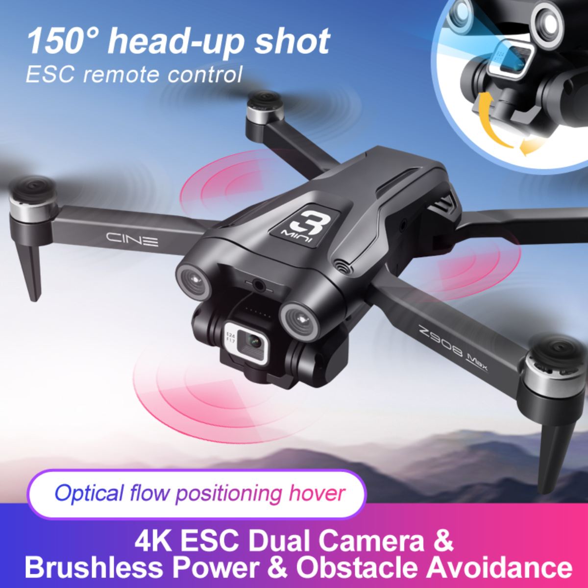 Un dron con cámaras duales y evitación de obstáculos, con una toma frontal de 150° y control remoto ESC.