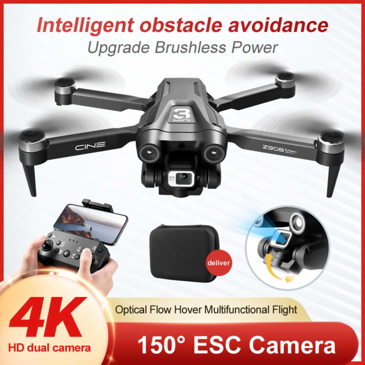 Un dron en el aire. Un controlador con un teléfono adjunto. Texto: Evitación inteligente de obstáculos, 4K.