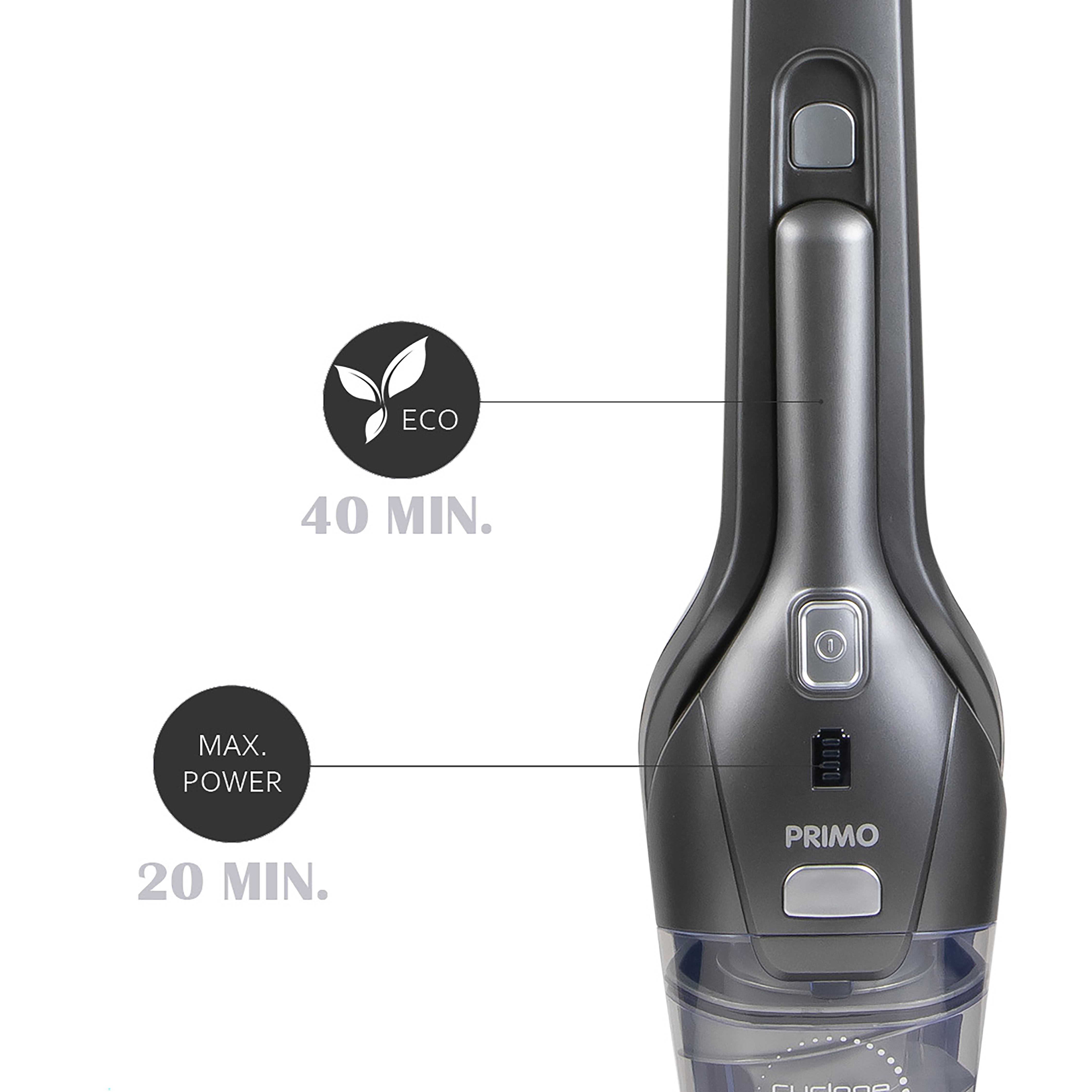 Handheld vacuum cleaner, with ECO and MAX POWER labels and a clear dustbin.