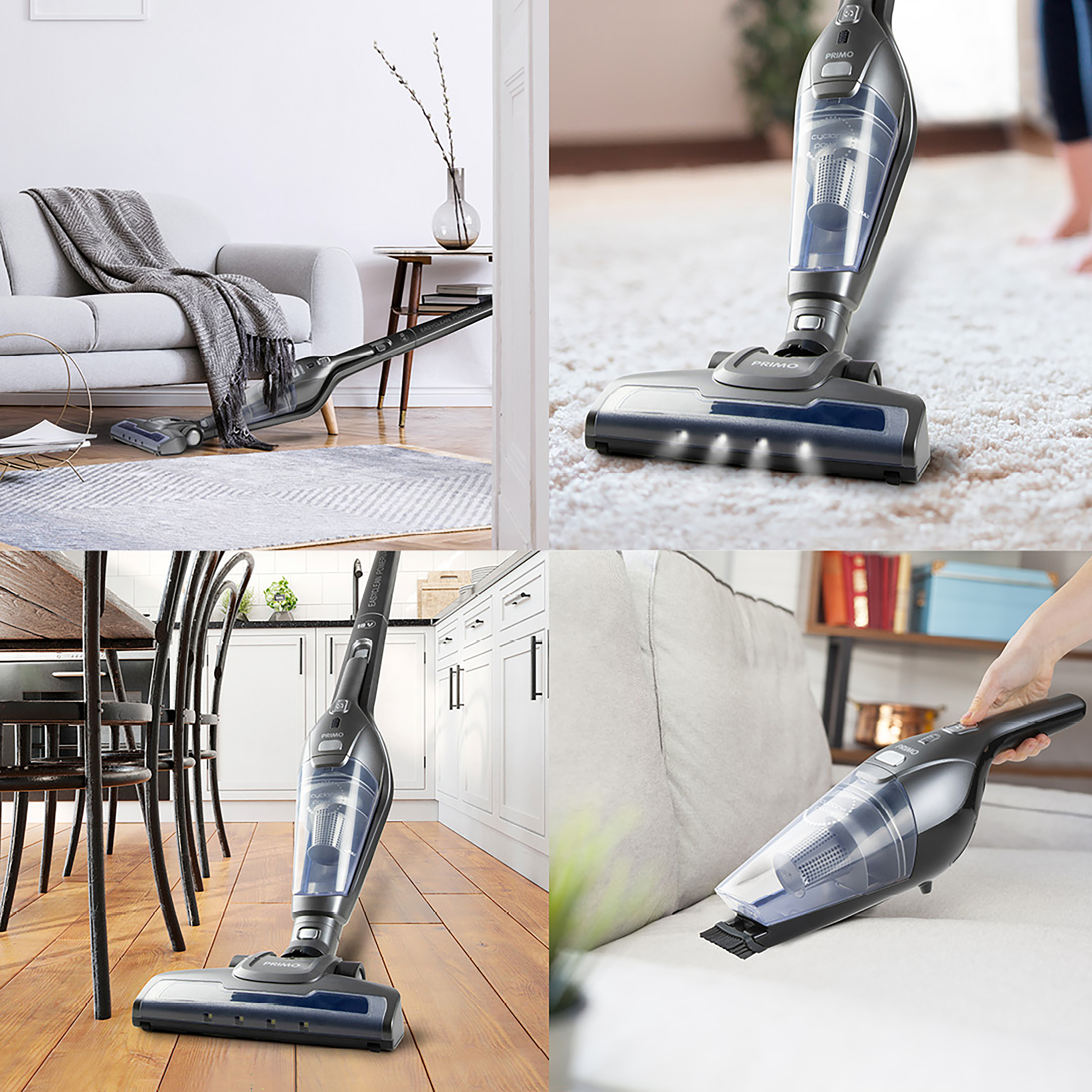 Vacuum cleaner being used in various settings: carpet, wood floor, and couch.