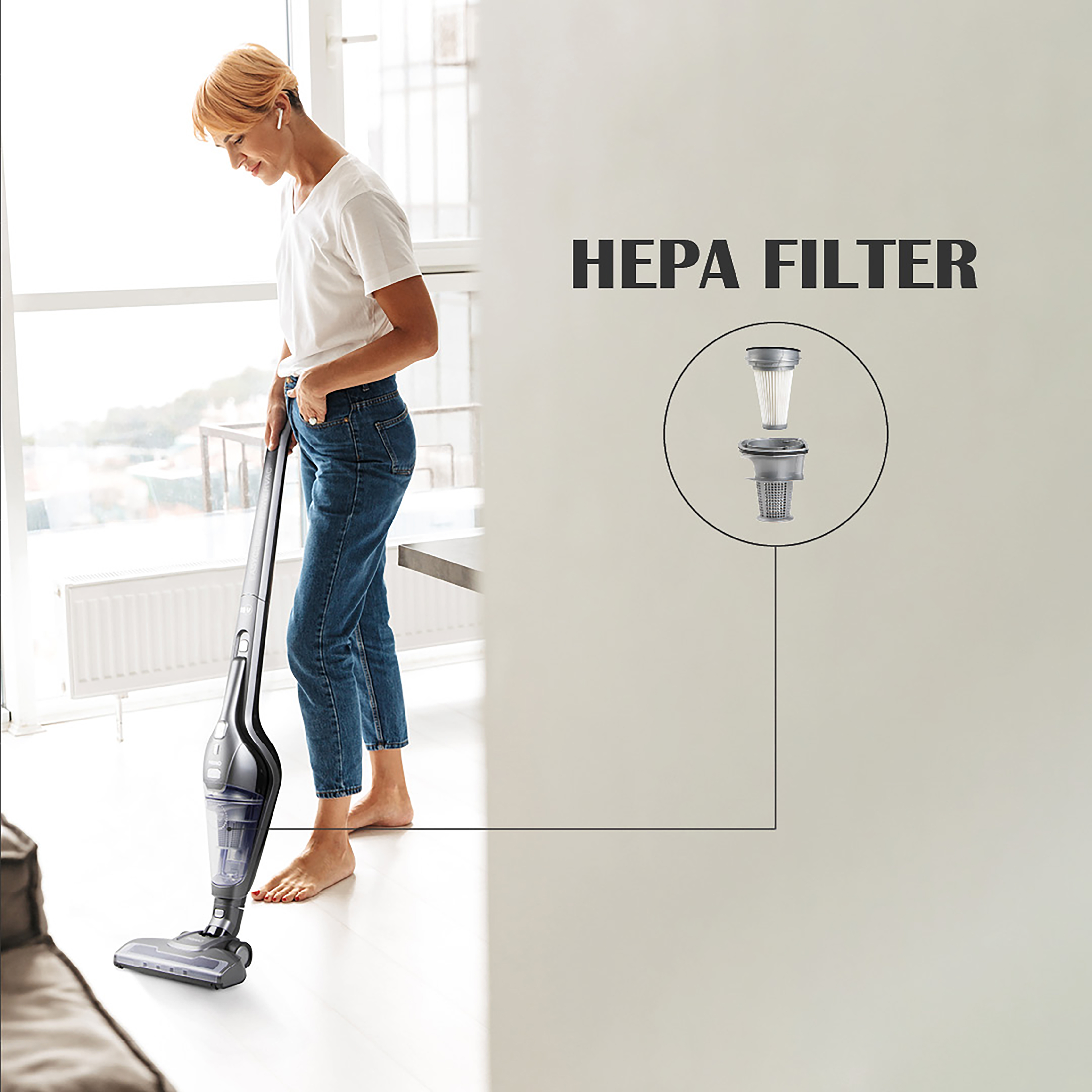 Woman using a stick vacuum cleaner with HEPA filter diagram in the background.