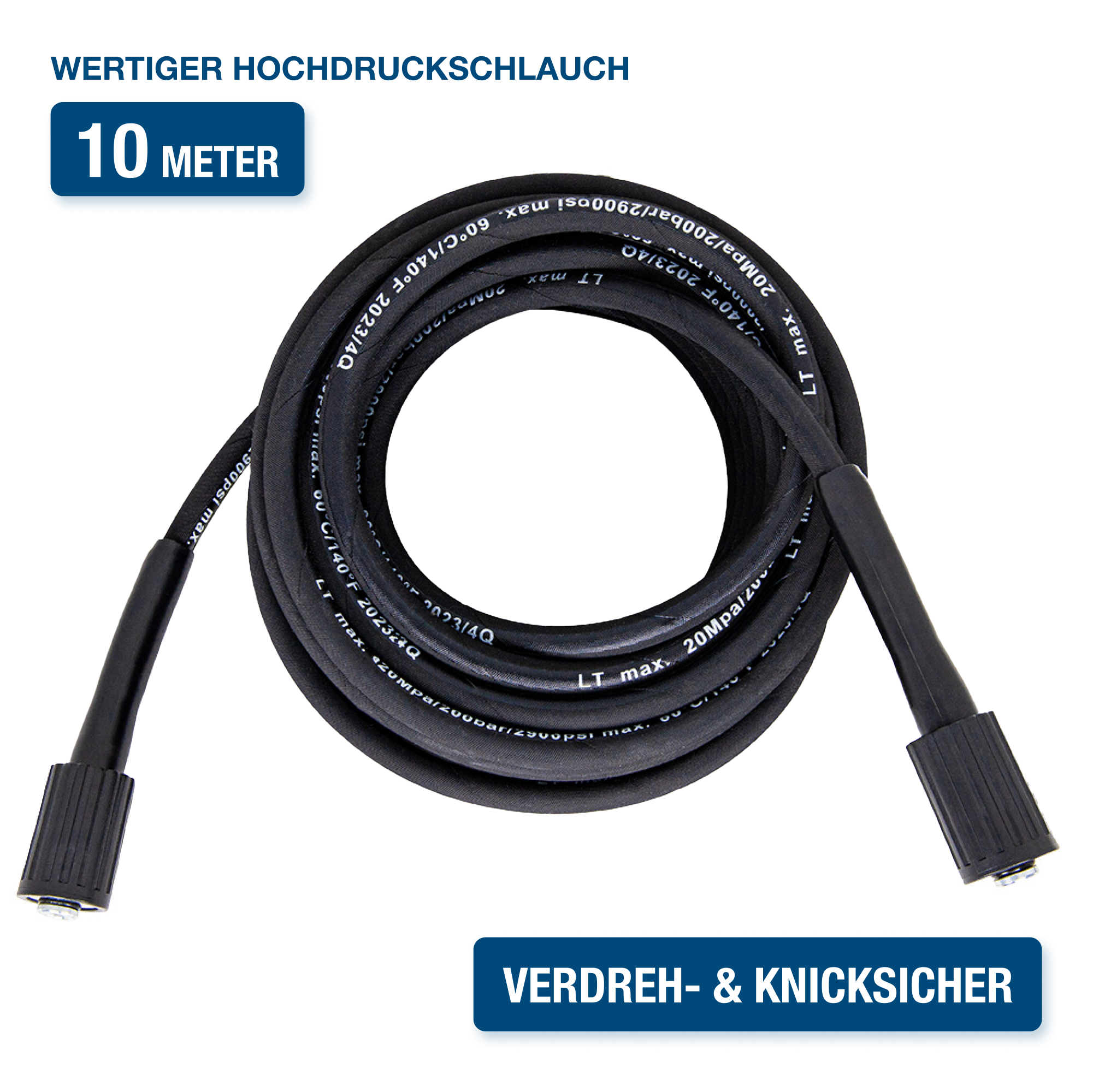 Ein schwarzer Hochdruckschlauch mit schwarzen Anschlüssen. Text auf dem Schlauch gibt Druck und Datum an.