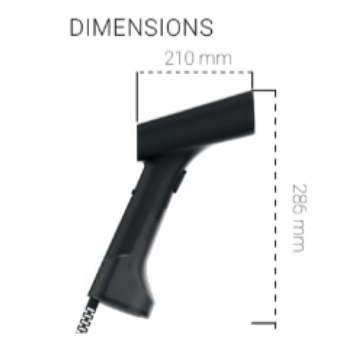 Schwarzes Bügeleisen mit Maßangaben. 210 mm breit, 286 mm hoch. Weißer Hintergrund.