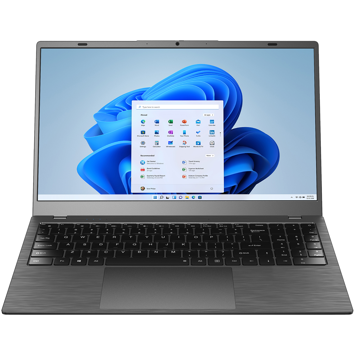 Ein Laptop mit geöffnetem Windows-Desktop. Der Laptop ist geöffnet und abgewinkelt.