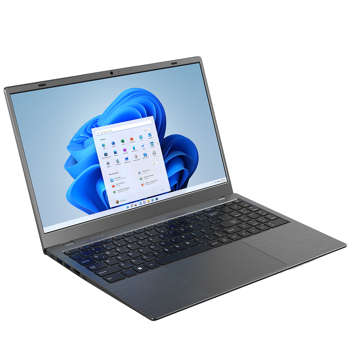 Laptop auf Weiß, mit Bildschirm, der Microsoft Office-Symbole und Windows 11-Oberfläche zeigt.