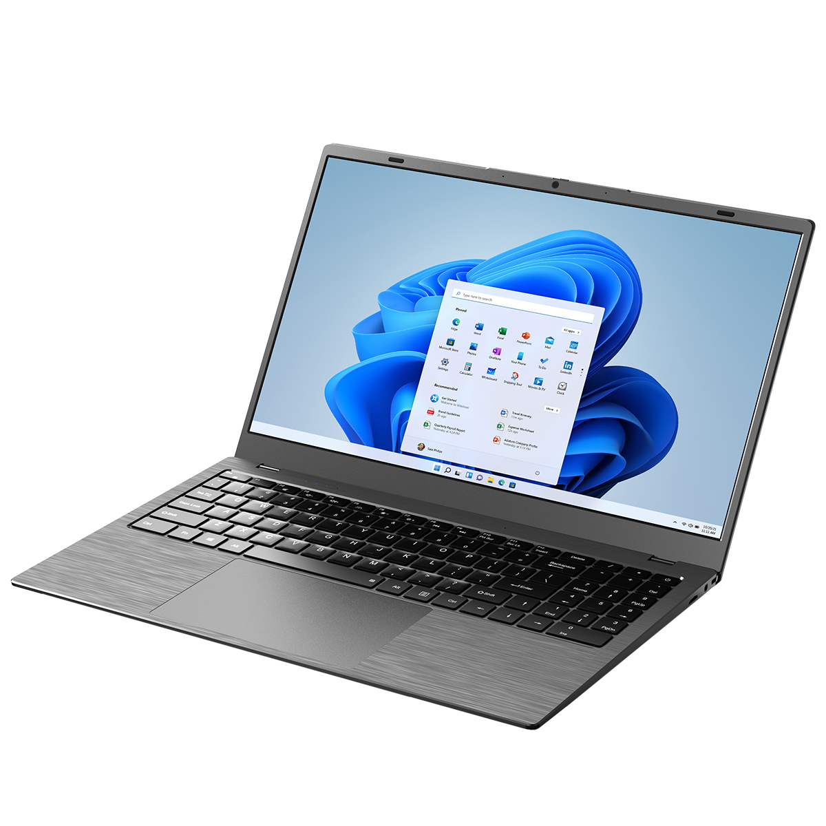 Ein silberner Laptop mit einem Bildschirm, der eine Windows-Oberfläche zeigt. Der Laptop ist vor weißem Hintergrund.