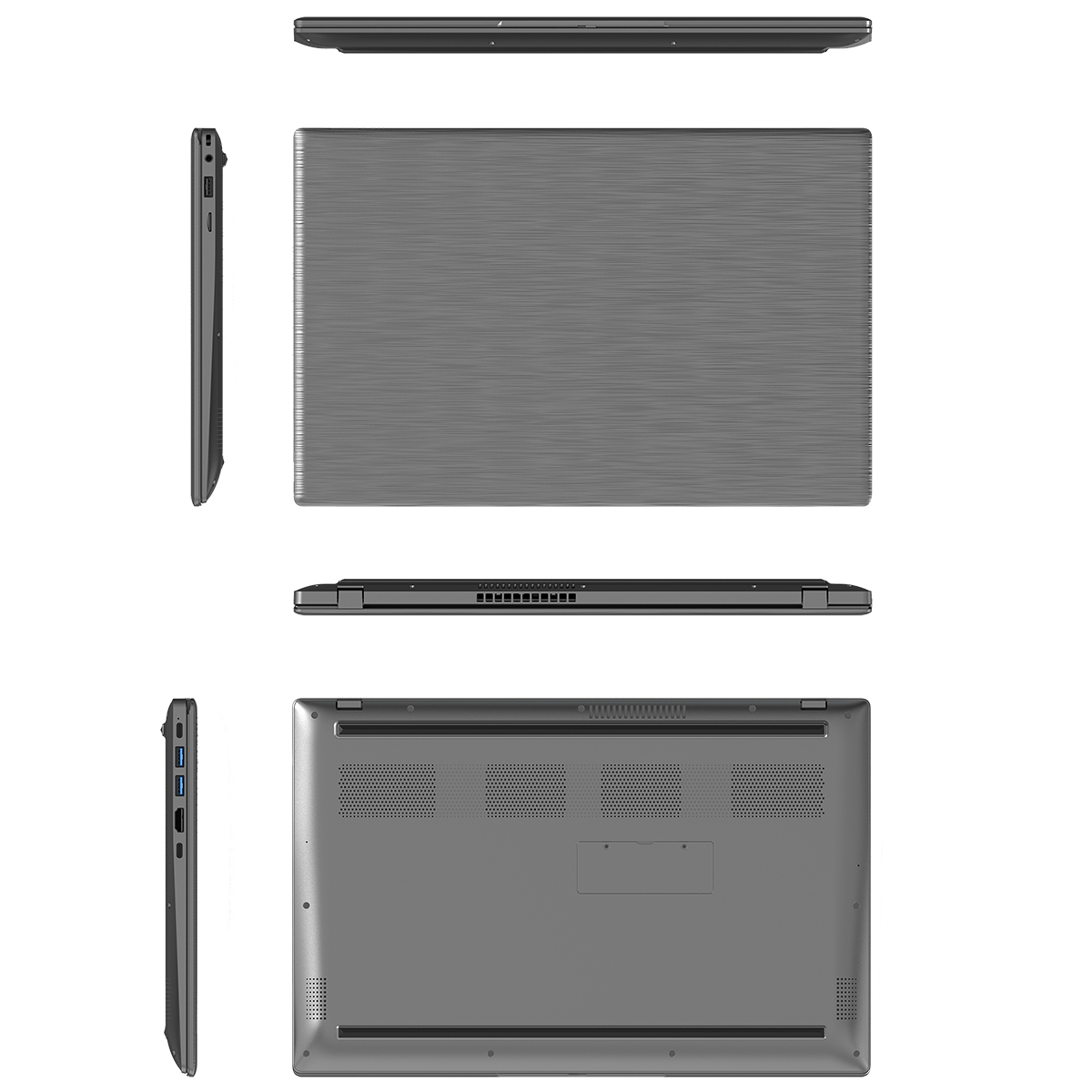 Laptop aus verschiedenen Winkeln. Seiten-, Ober- und Unteransicht eines grauen Laptops.