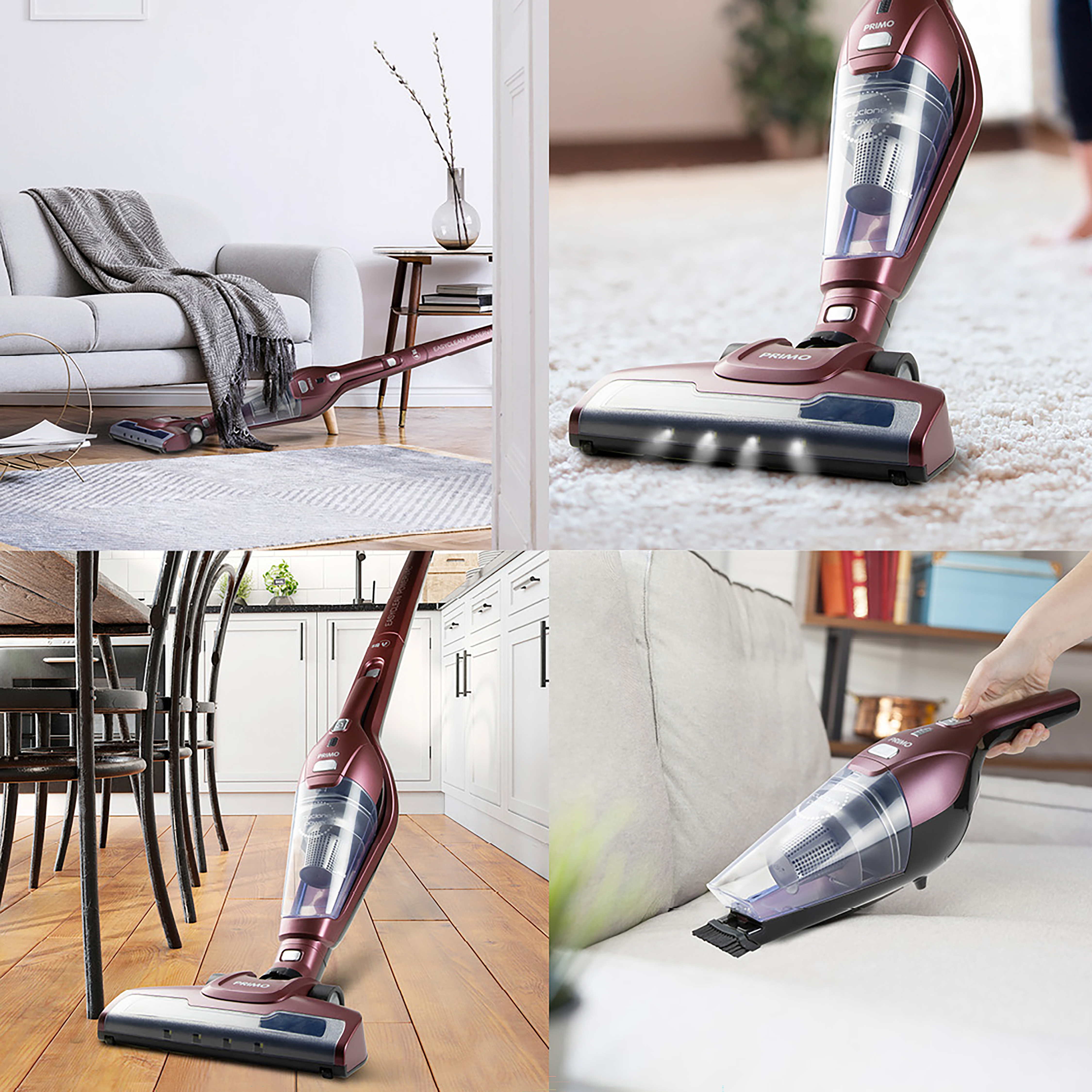 Aspirateur dans plusieurs contextes : sur tapis, sol, sous les meubles. Design rouge et noir.