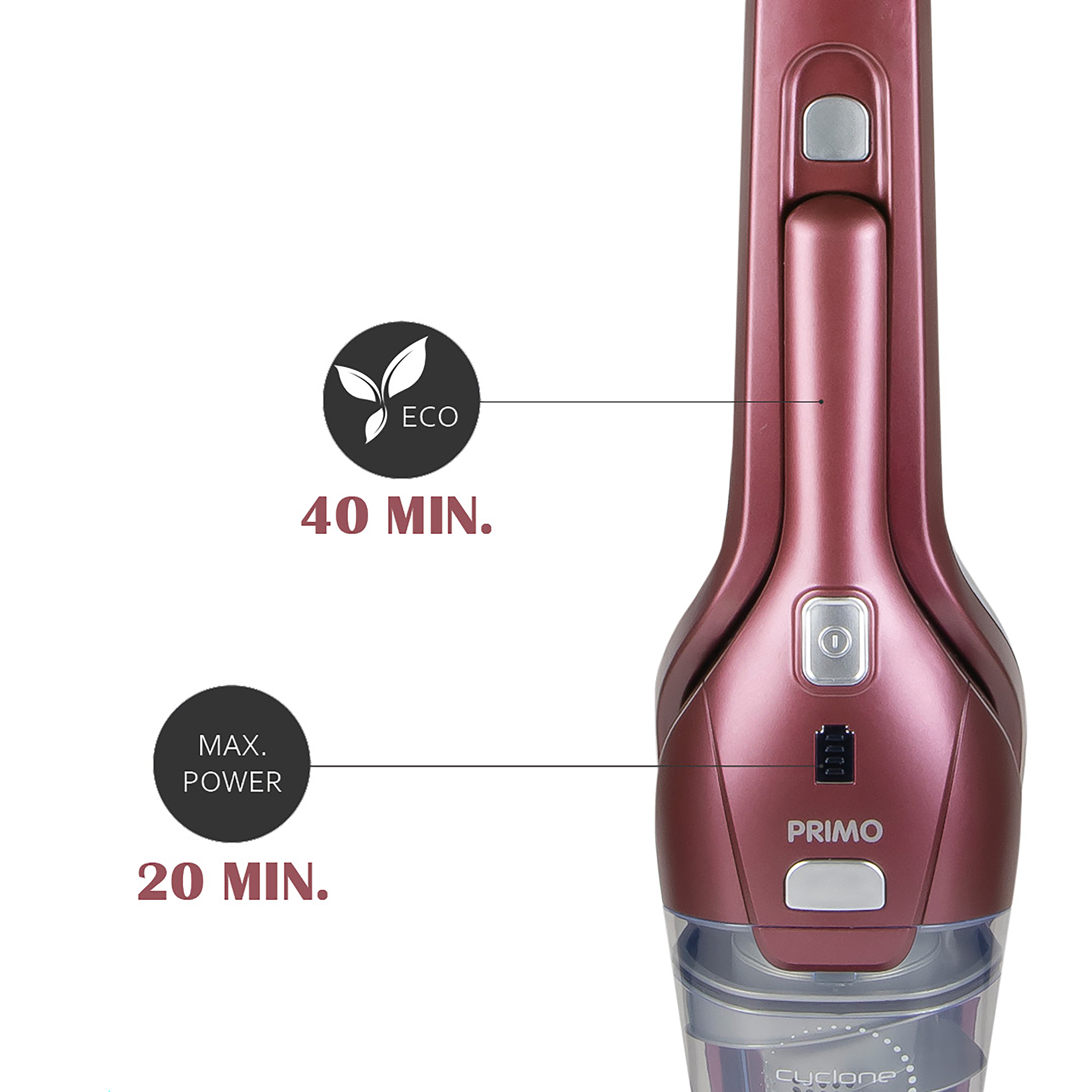 Un aspirateur sans fil bordeaux. Il dispose d'indicateurs d'alimentation et de batterie. Le mode ECO offre 40 min. d'utilisation, puissance maximale 20 min.