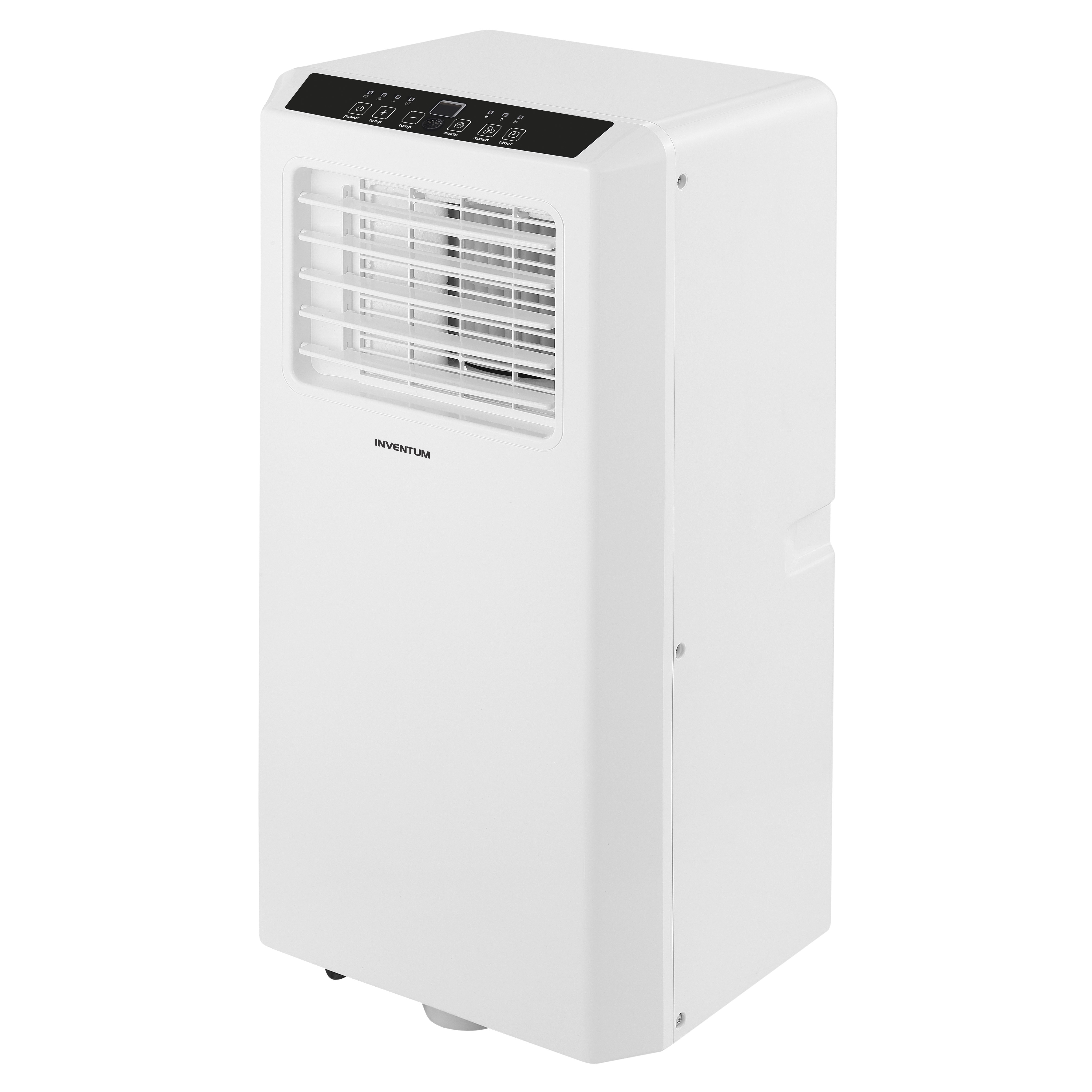 Een witte airconditioner. Hij heeft een bedieningspaneel aan de bovenkant en een ventilatieopening aan de voorkant.