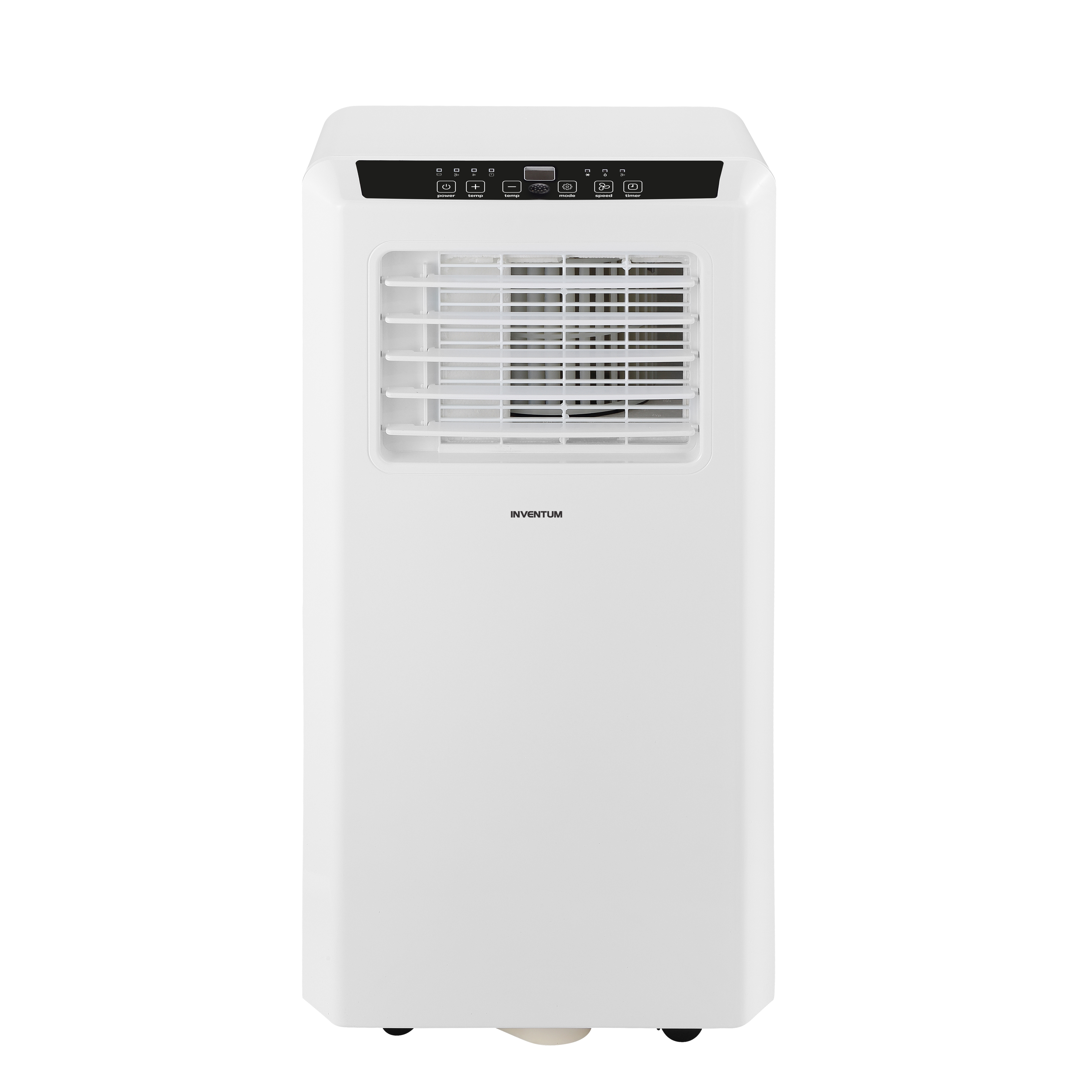 Witte draagbare airconditioner met ventilatie en bedieningspaneel. Het woord INVENTUM staat vooraan.