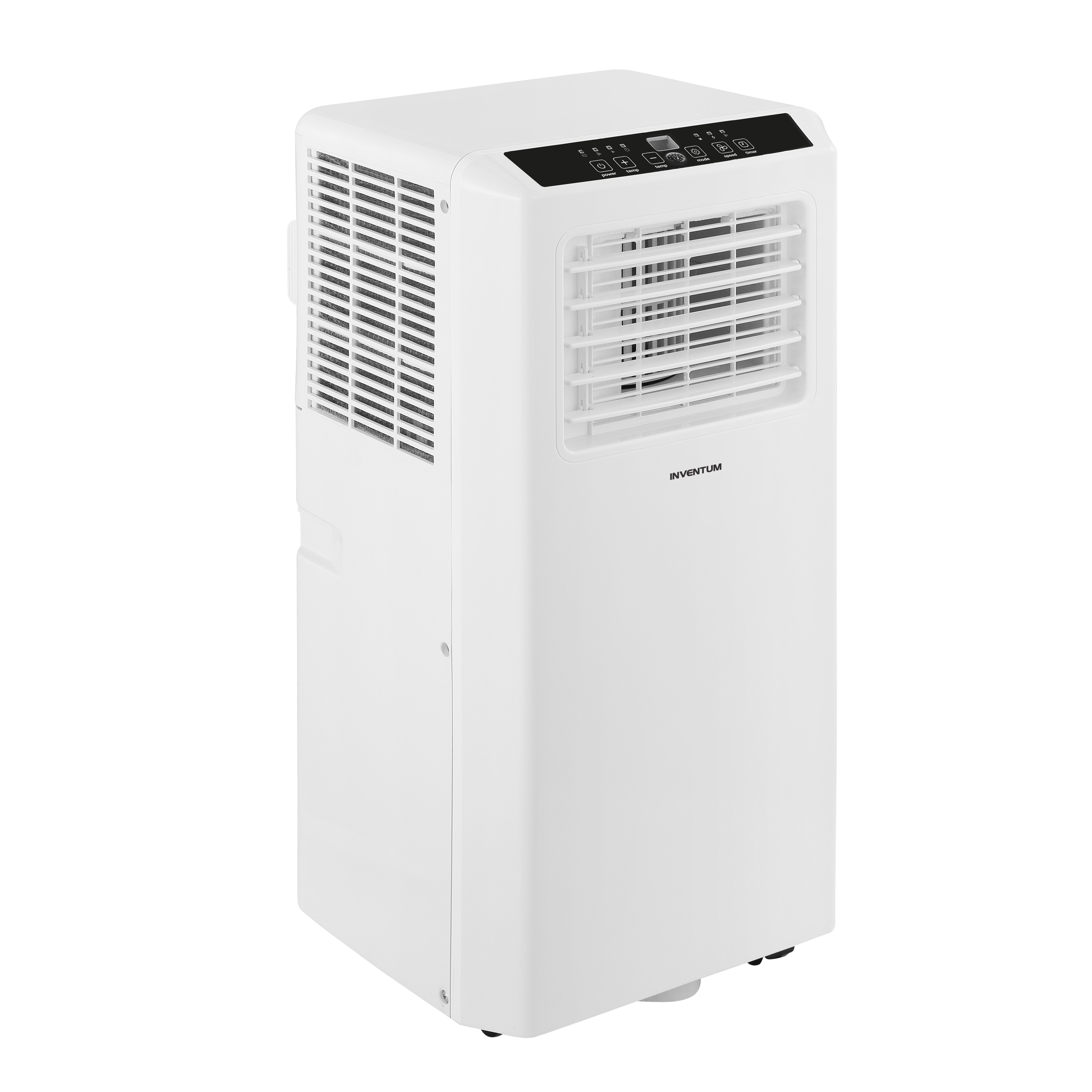 Witte airconditioner met een bedieningspaneel en ventilatieopeningen. Schuin aanzicht tegen een witte achtergrond.