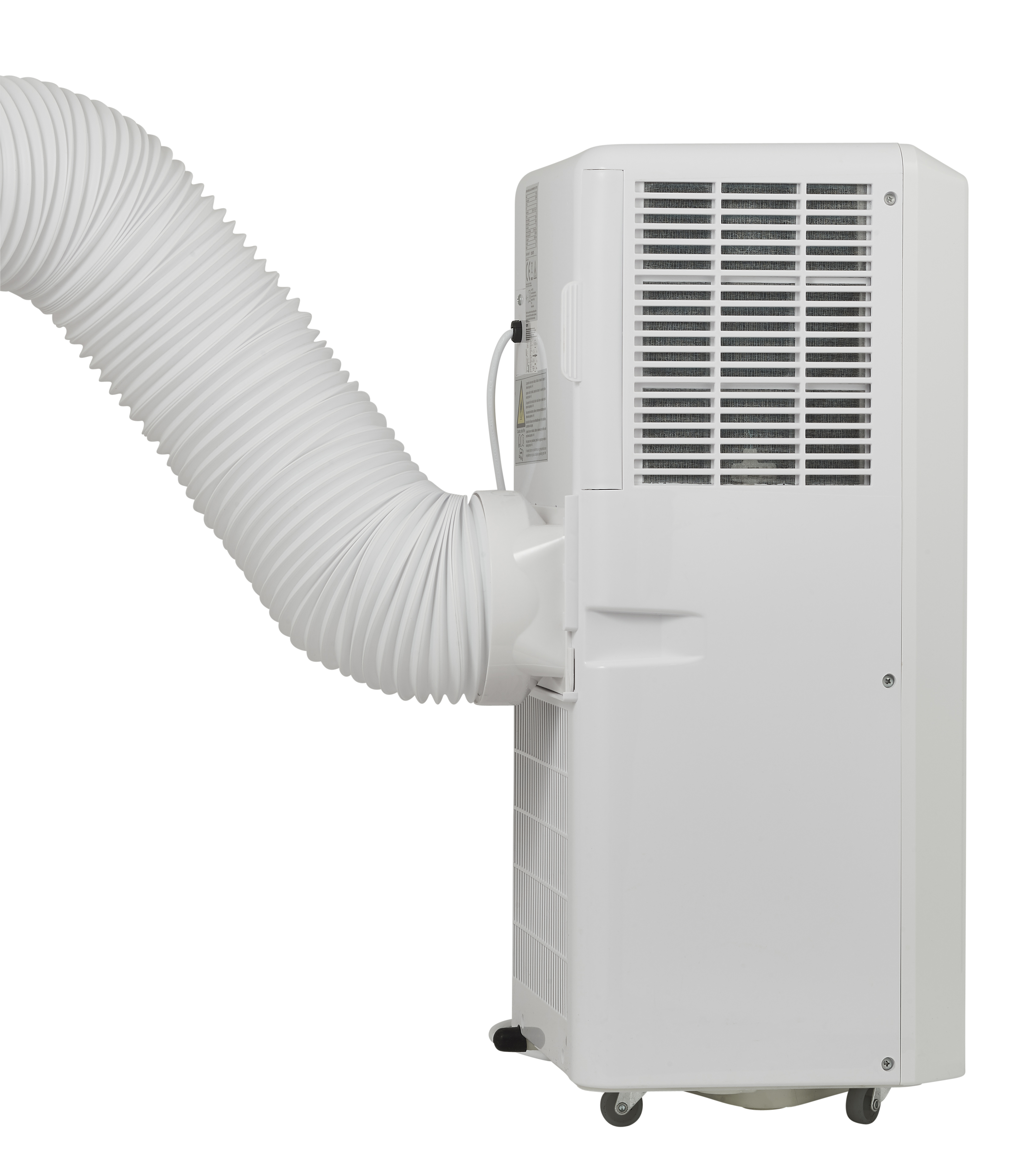 Een witte draagbare airconditioner met een flexibele afvoerslang.