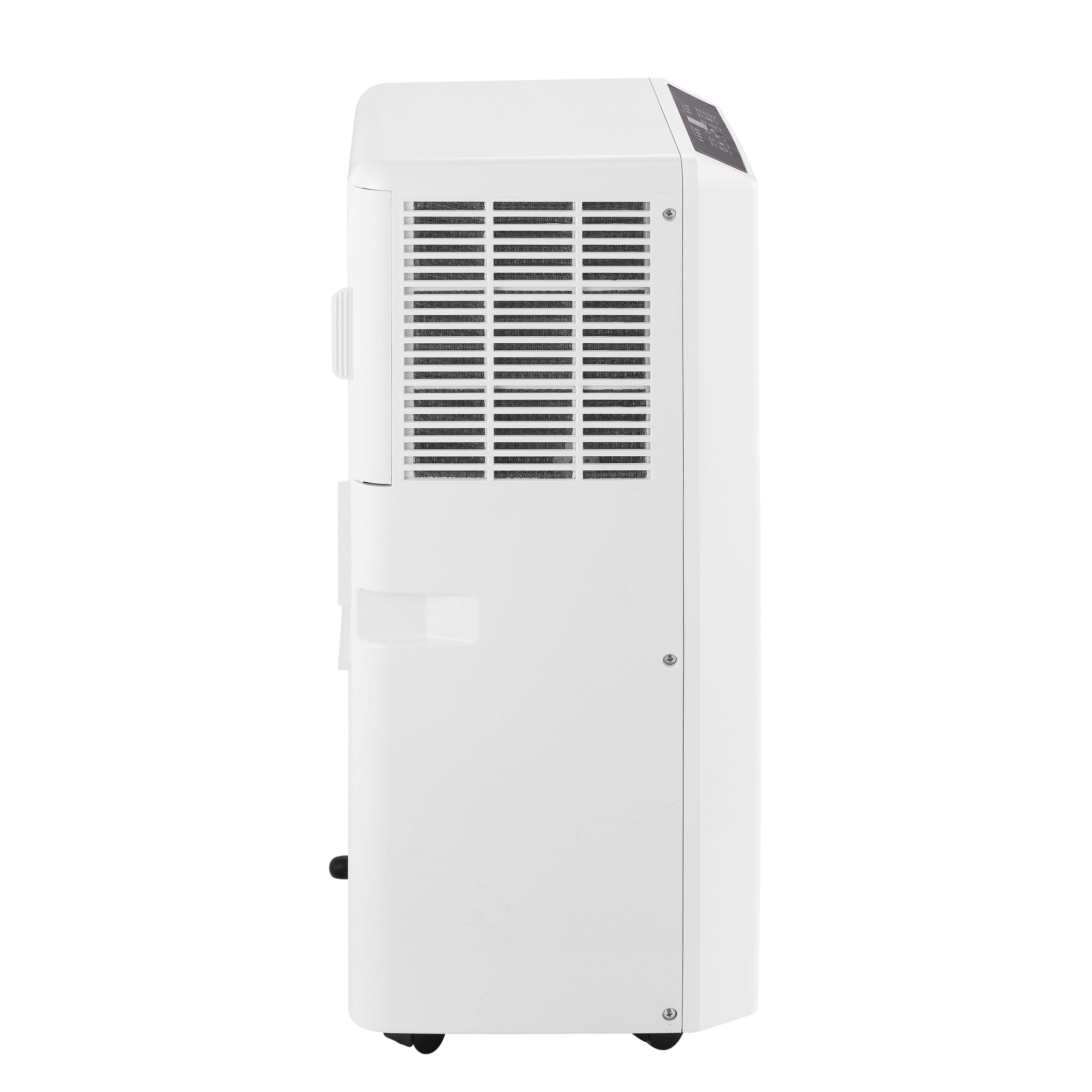Witte airconditioner met ventilatieopeningen aan de voor- en zijkant, en wielen aan de onderkant.