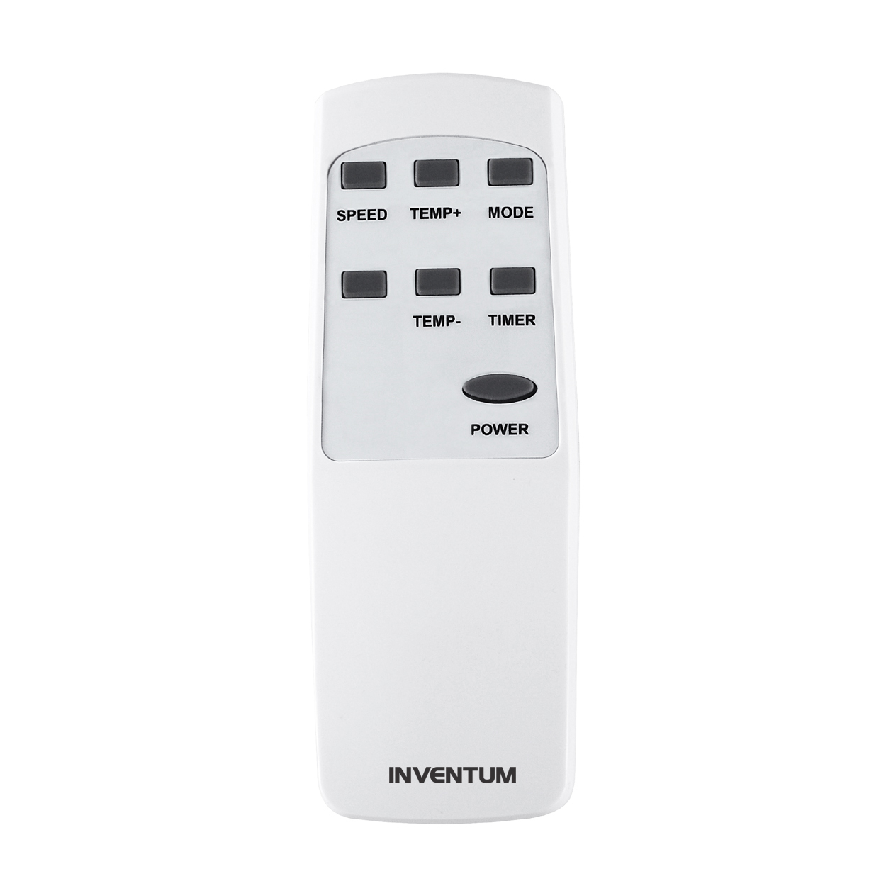 Witte afstandsbediening met knoppen SPEED, TEMP+, MODE, TEMP-, TIMER, POWER, INVENTUM.
