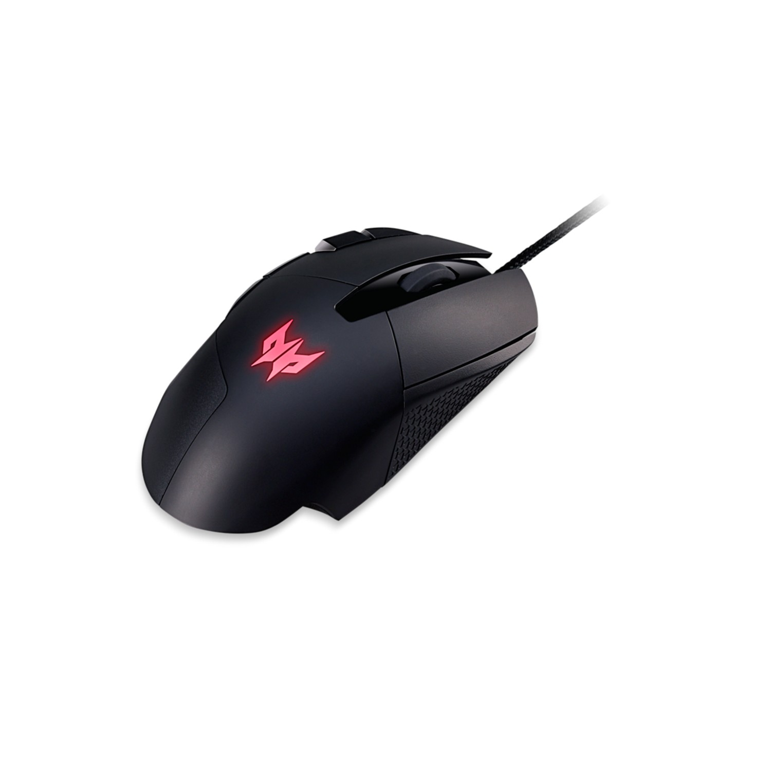 Czarna mysz do gier z czerwonym, podświetlanym logo. Ma przyciski i kabel.