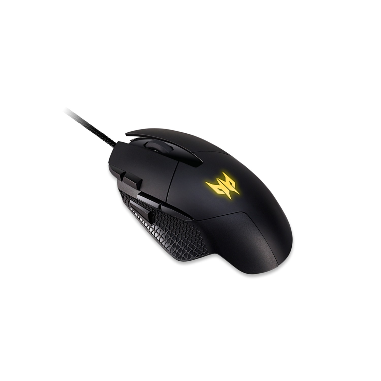 Czarna mysz gamingowa z podświetlanym logo i plecionym kablem.