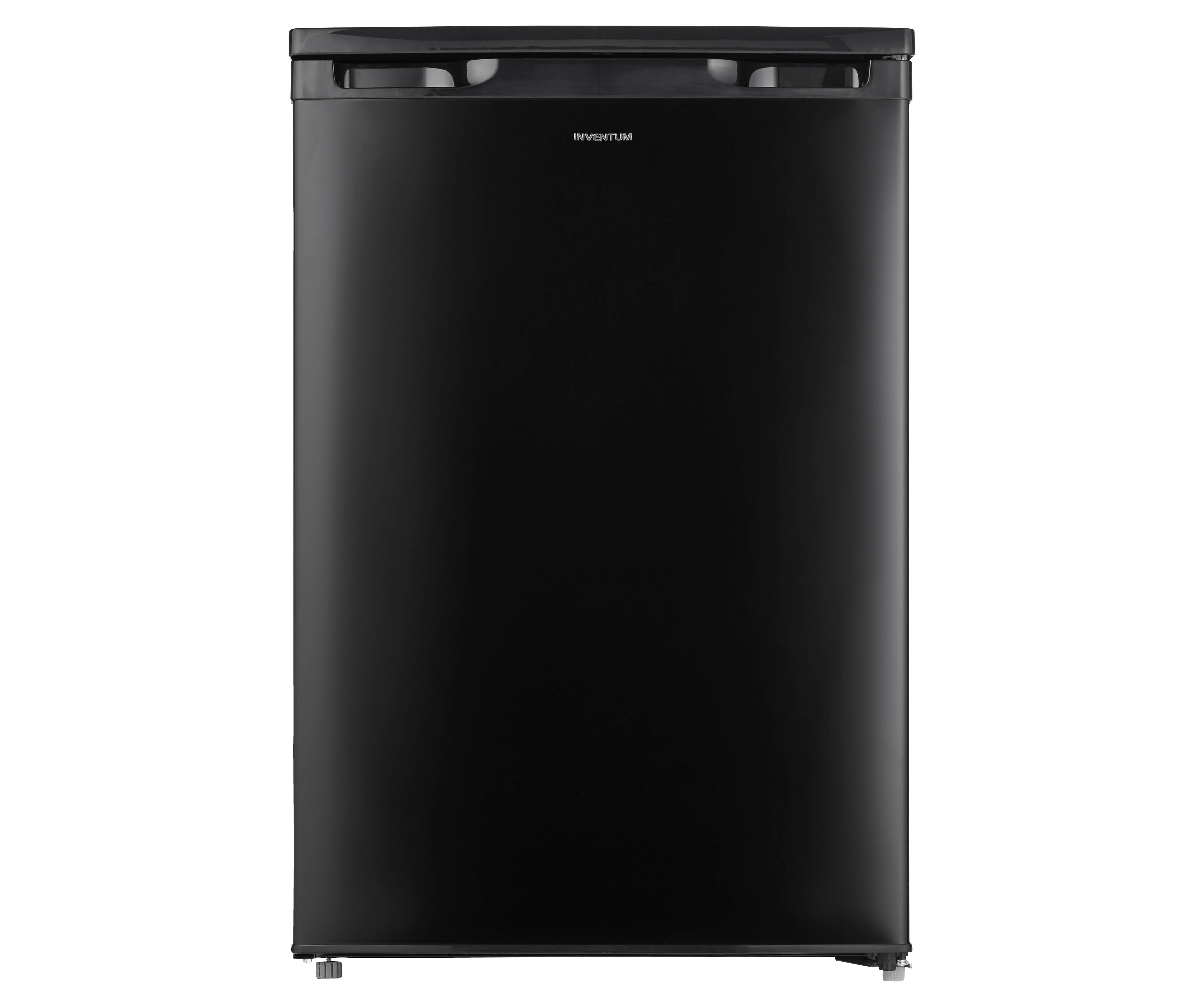 A black Inventum refrigerator, a sleek, tall appliance with a simple design.